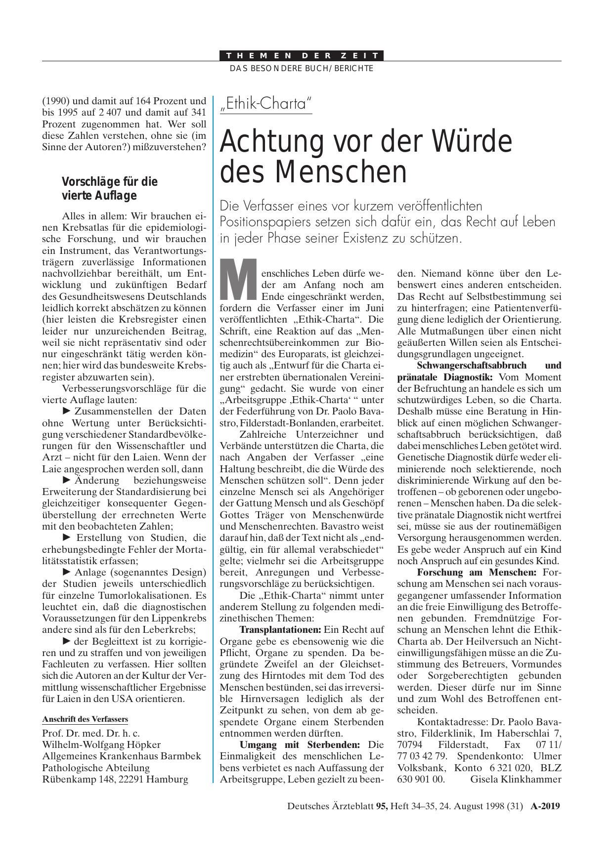 Vorschauseite 1: „Ethik-Charta„: Achtung vor der Würde des Menschen