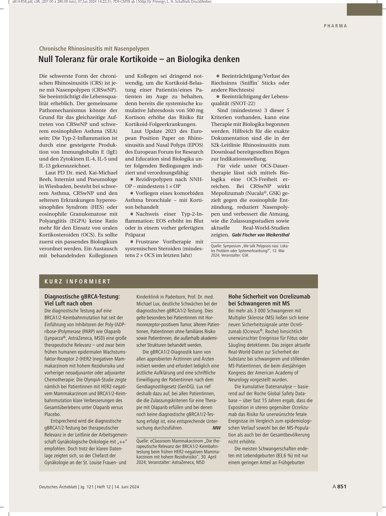 Vorschauseite 1: Chronische Rhinosinusitis mit Nasenpolypen: Null Toleranz für orale Kortikoide – an Biologika denken