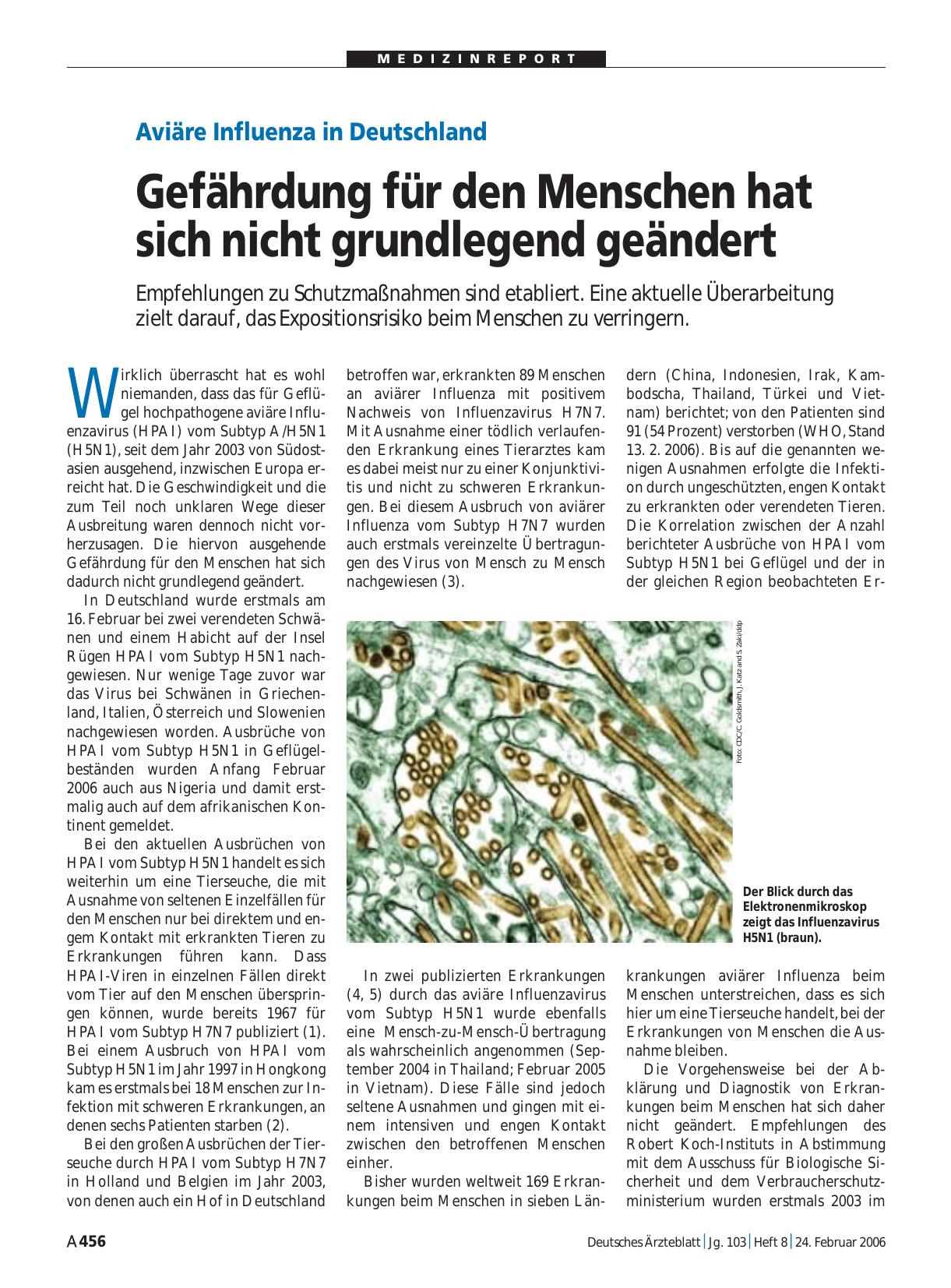 Vorschauseite 1: Aviäre Influenza in Deutschland: Gefährdung für den Menschen hat sich nicht grundlegend geändert