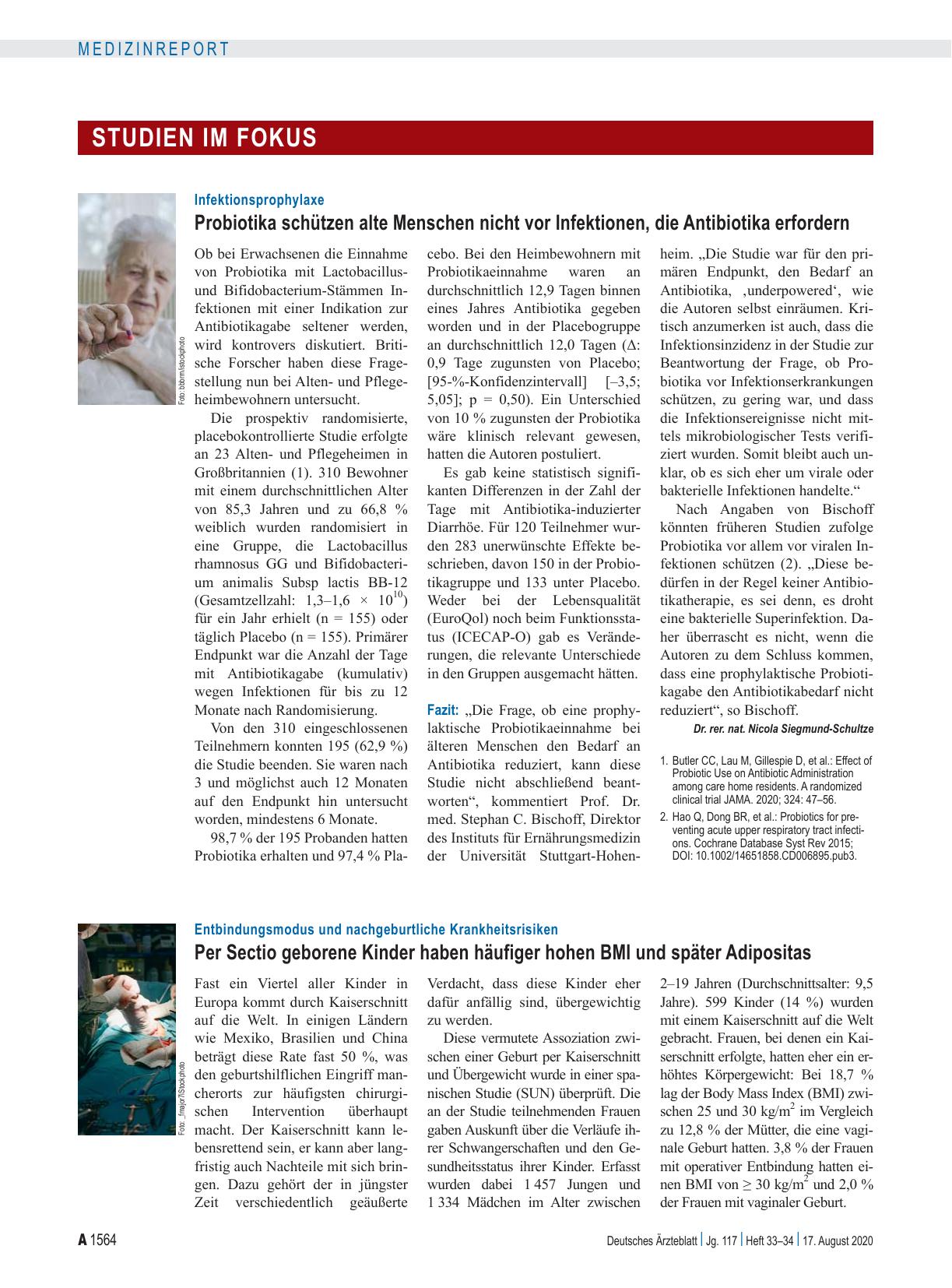Vorschauseite 1: Infektionsprophylaxe: Probiotika schützen alte Menschen nicht vor Infektionen, die Antibiotika erfordern