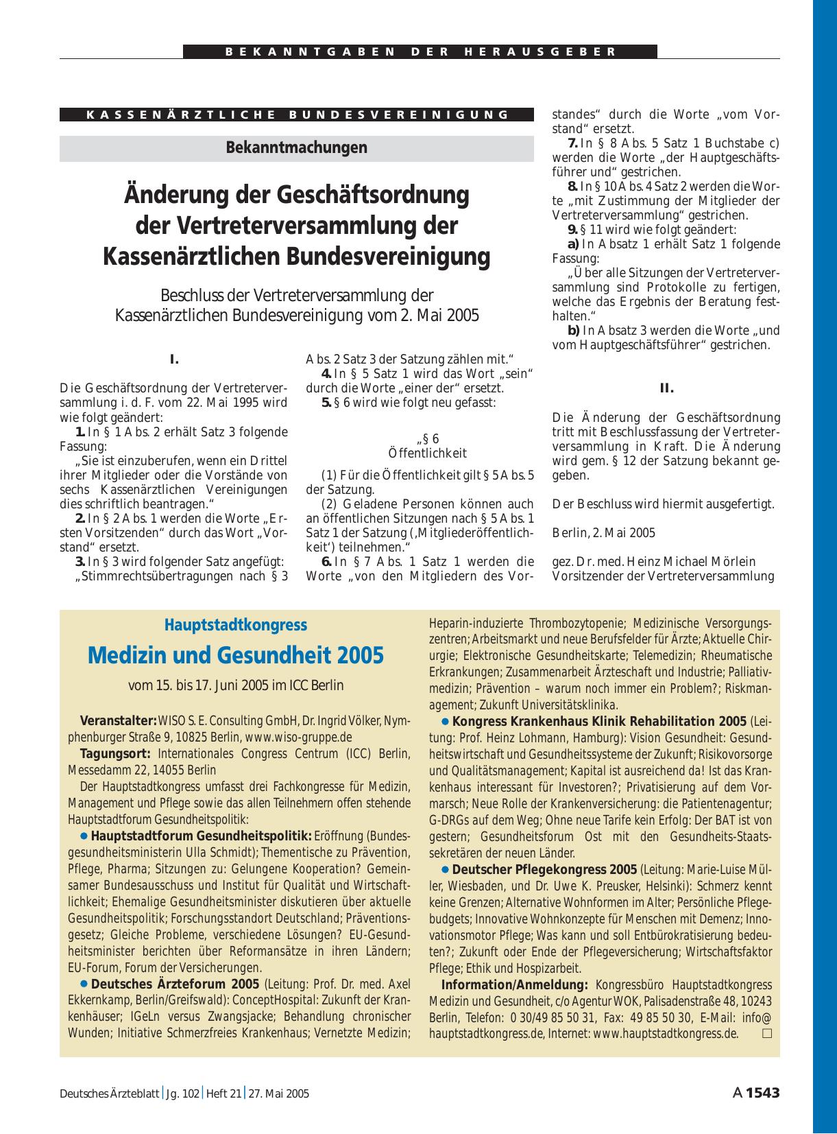 Vorschauseite 1: Hauptstadtkongress: Medizin und Gesundheit 2005