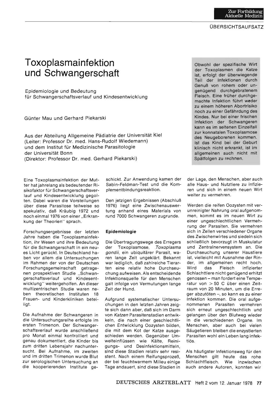 Vorschauseite 1: Toxoplasmainfektion und Schwangerschaft