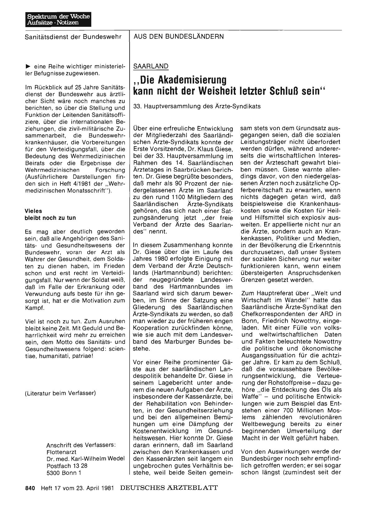 Vorschauseite 1: SAARLAND: "Die Akademisierung kann nicht der Weisheit letzter Schluß sein"