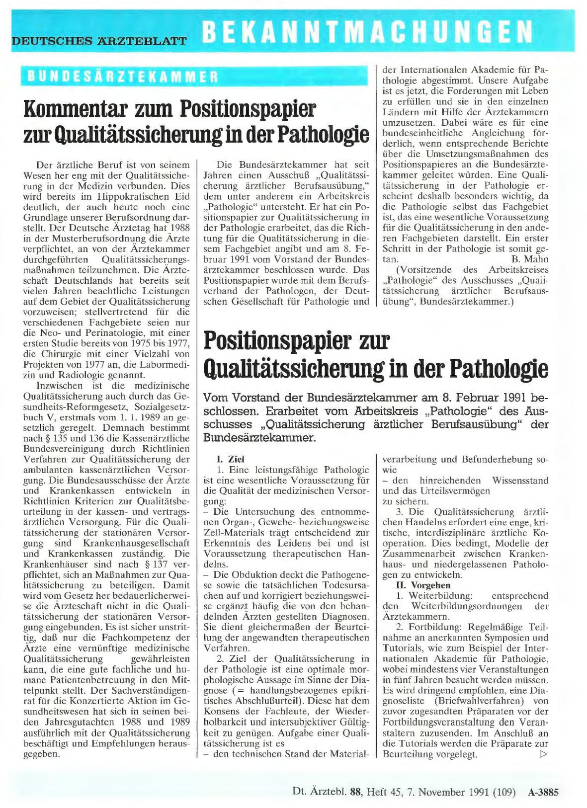 Vorschauseite 1: Kommentar zum Positionspapier zur Qualitätssicherung in der Pathologie