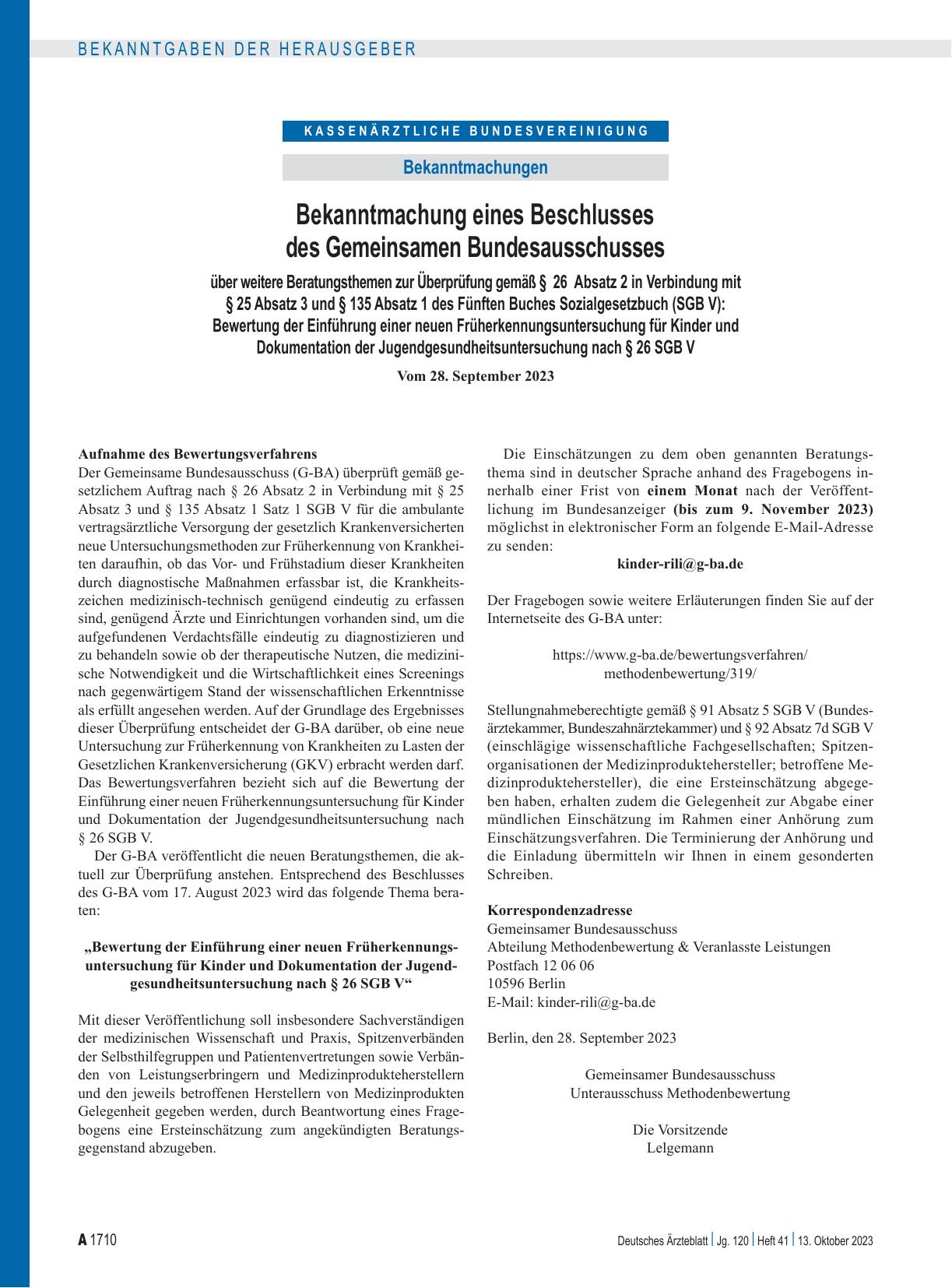 Vorschauseite 1: Bekanntmachung eines Beschlusses des Gemeinsamen Bundesausschusses über weitere Beratungsthemen zur Überprüfung gemäß § 26 Absatz 2 in Verbindung mit § 25 Absatz 3 und § 135 Absat…