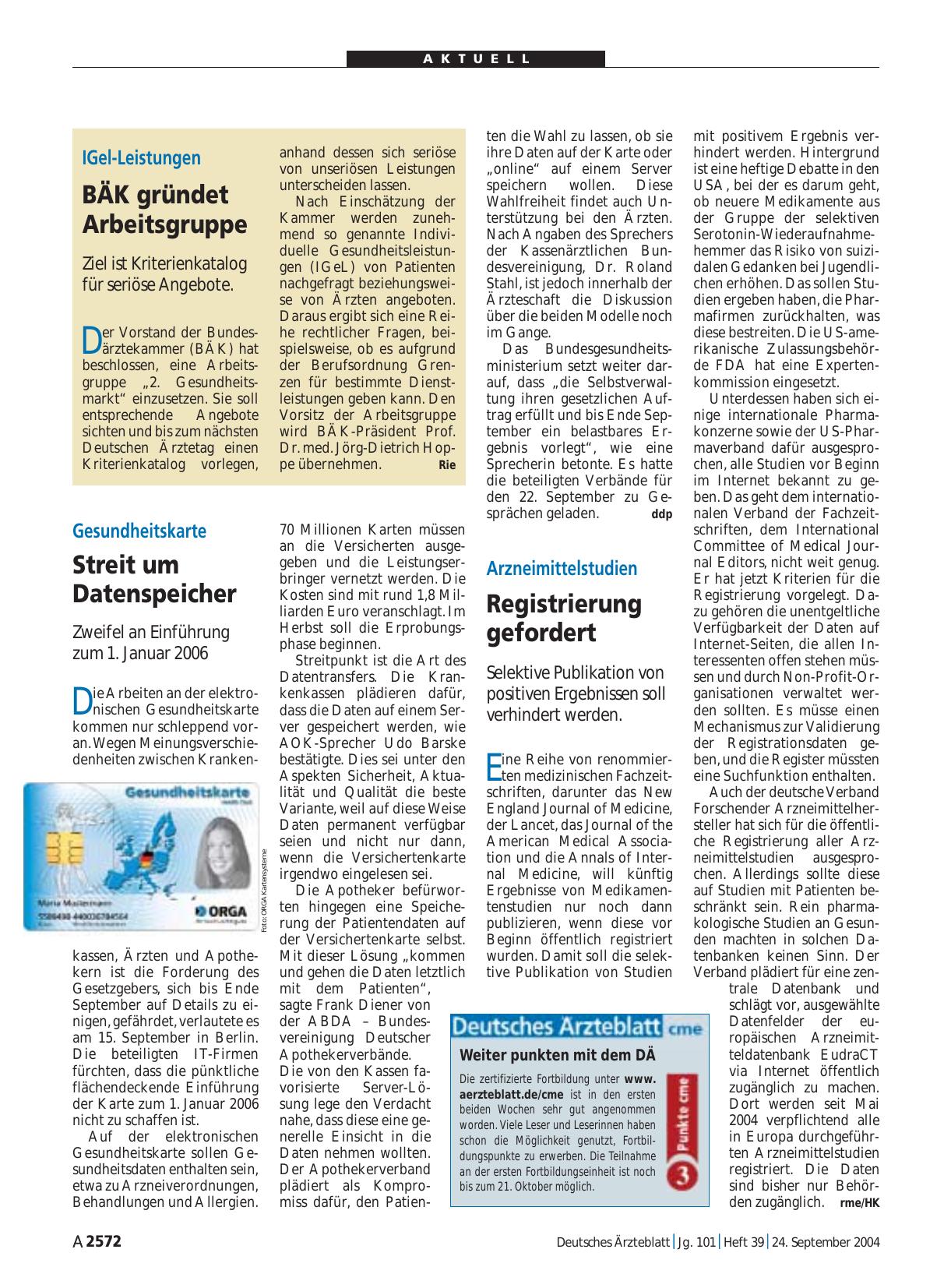 Vorschauseite 1: IGel-Leistungen: BÄK gründet Arbeitsgruppe
