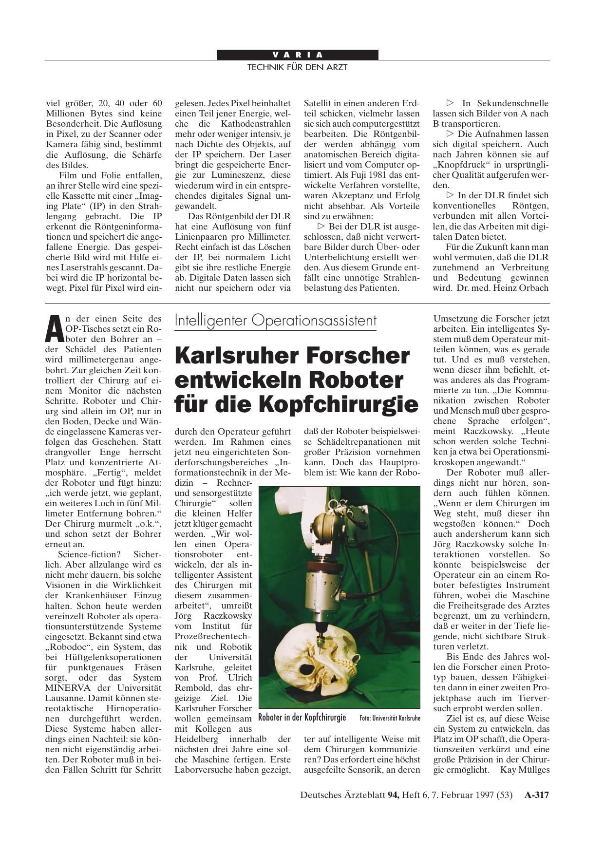 Vorschauseite 1: Intelligenter Operationsassistent: Karlsruher Forscher entwickeln Roboter für die Kopfchirurgie