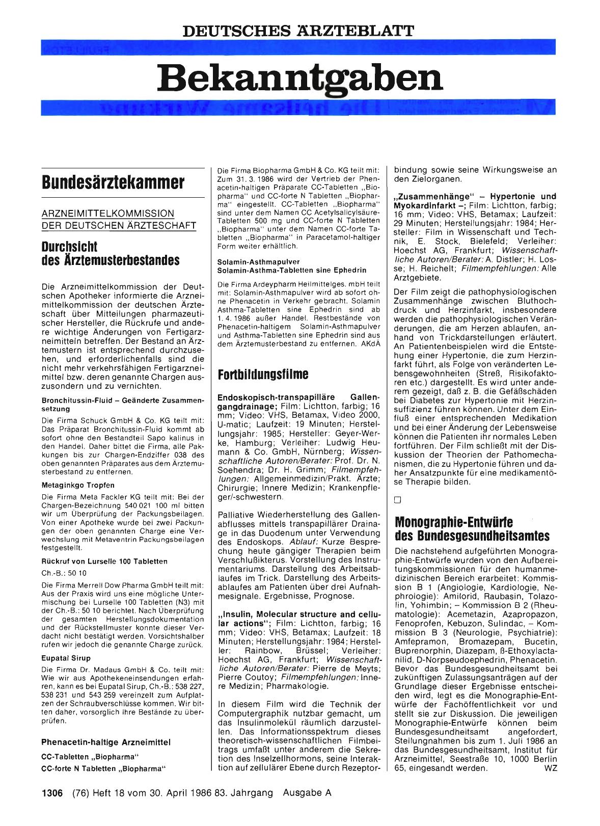 Vorschauseite 1: Monographie-Entwürfe des Bundesgesundheitsamtes