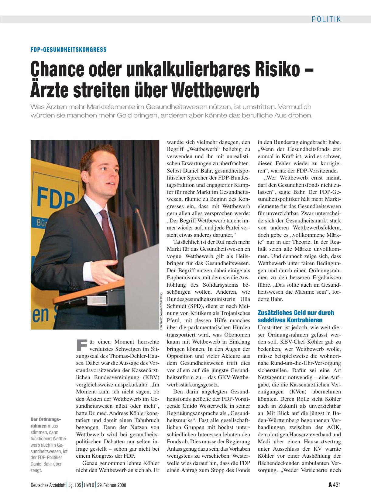 Vorschauseite 1: FDP-Gesundheitskongress: Chance oder unkalkulierbares Risiko – Ärzte streiten über Wettbewerb