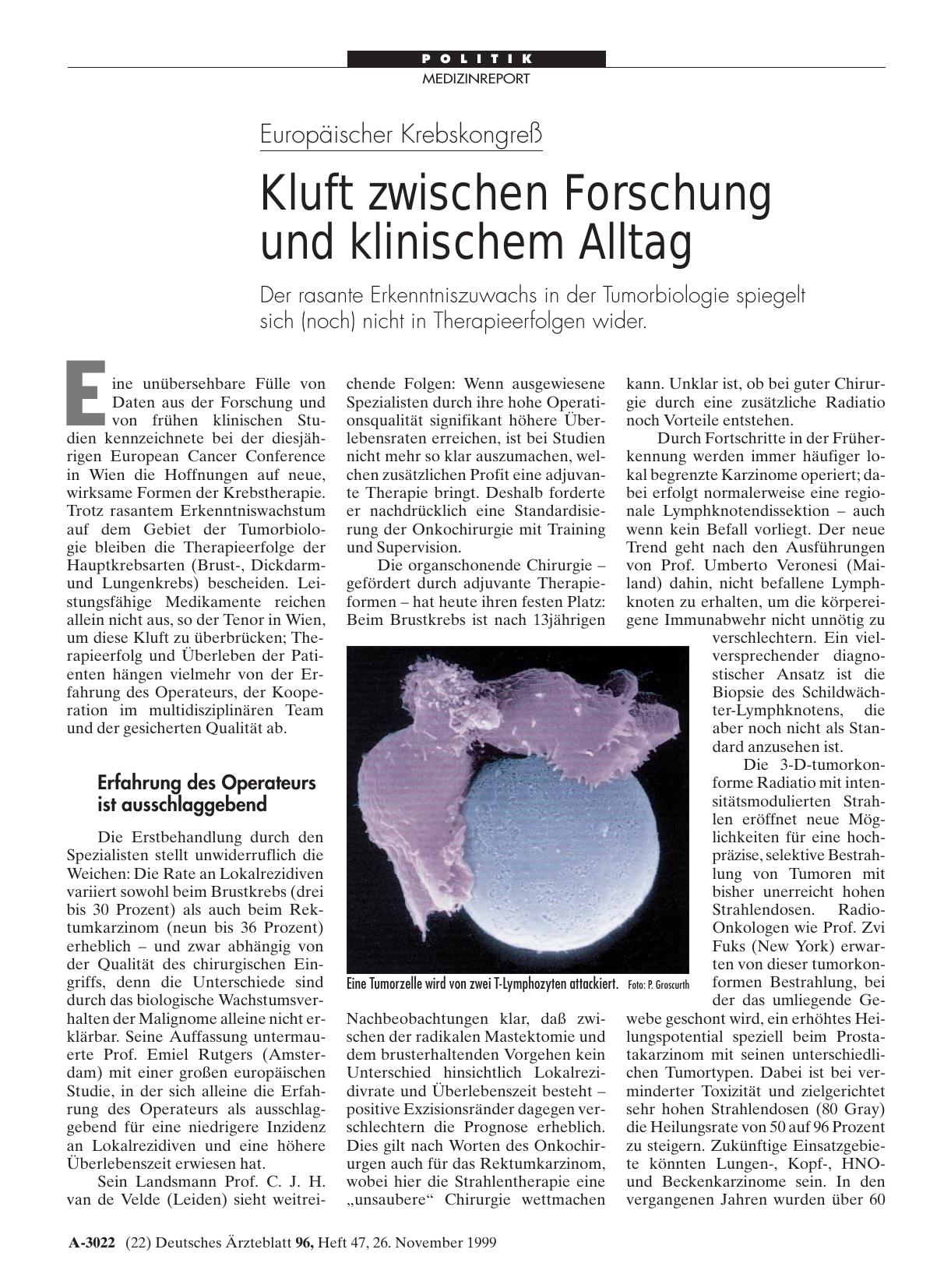 Vorschauseite 1: Europäischer Krebskongreß: Kluft zwischen Forschung und klinischem Alltag