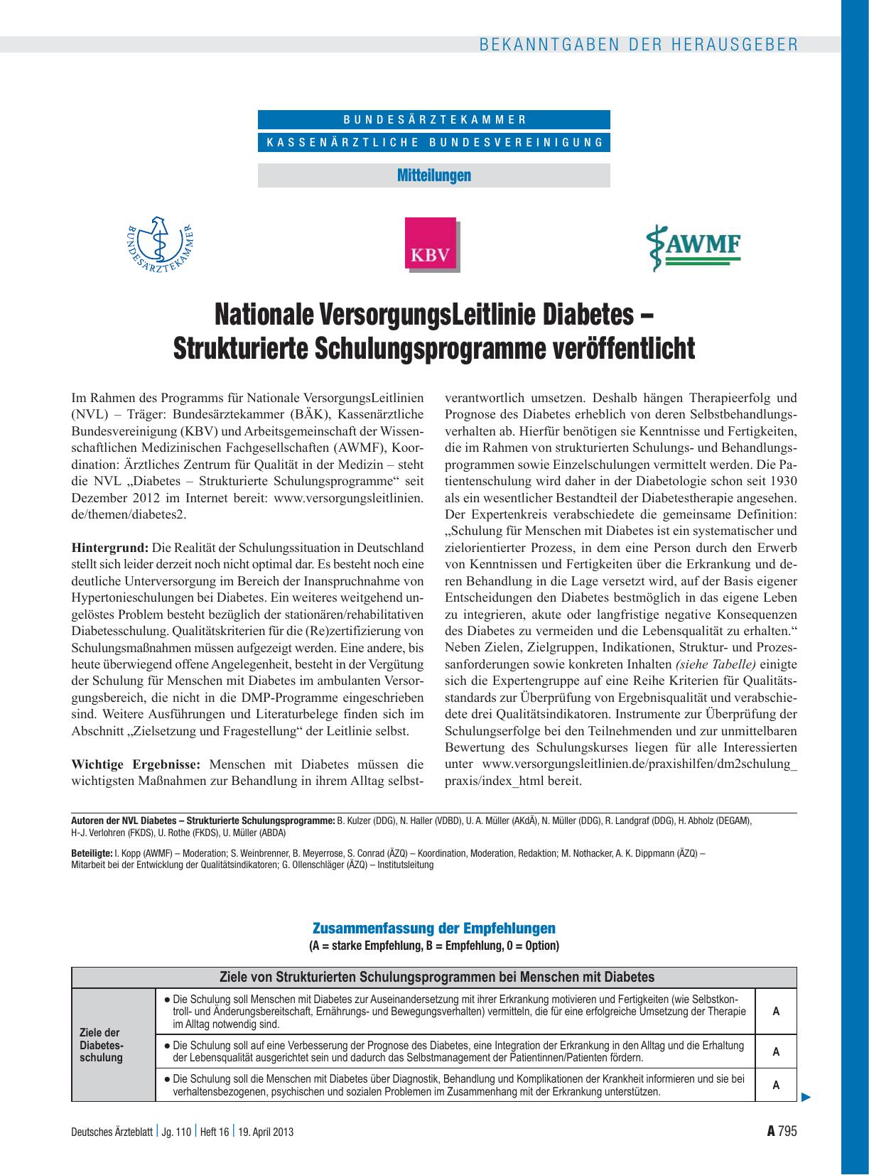 Vorschauseite 1: Nationale VersorgungsLeitlinie Diabetes – Strukturierte Schulungsprogramme veröffentlicht