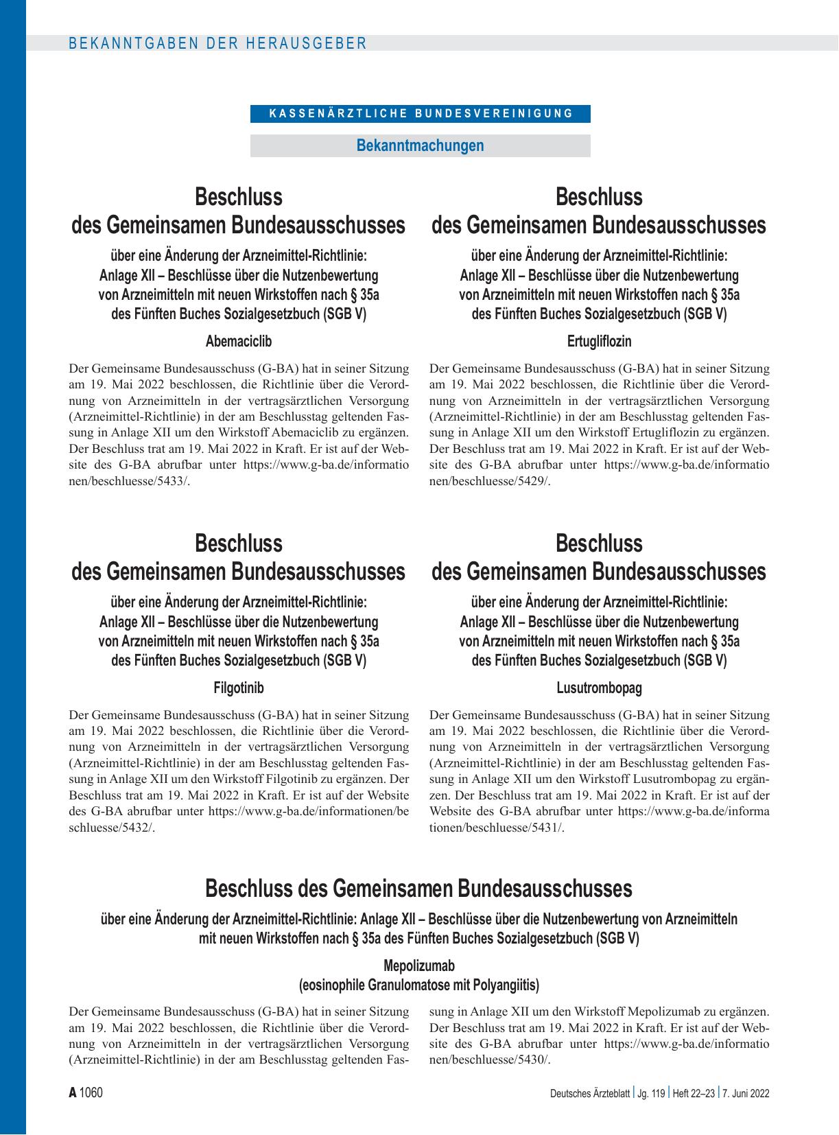 Vorschauseite 1: Beschluss des Gemeinsamen Bundesausschusses über eine Änderung der Arzneimittel-Richtlinie: Ertugliflozin