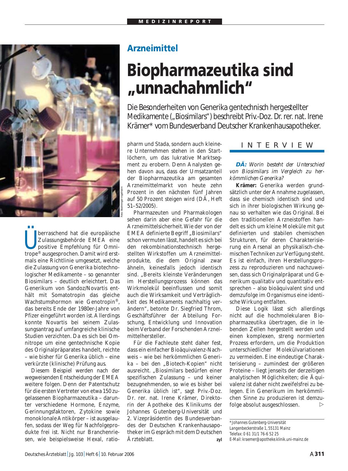 Vorschauseite 1: Arzneimittel: Biopharmazeutika sind „unnachahmlich“