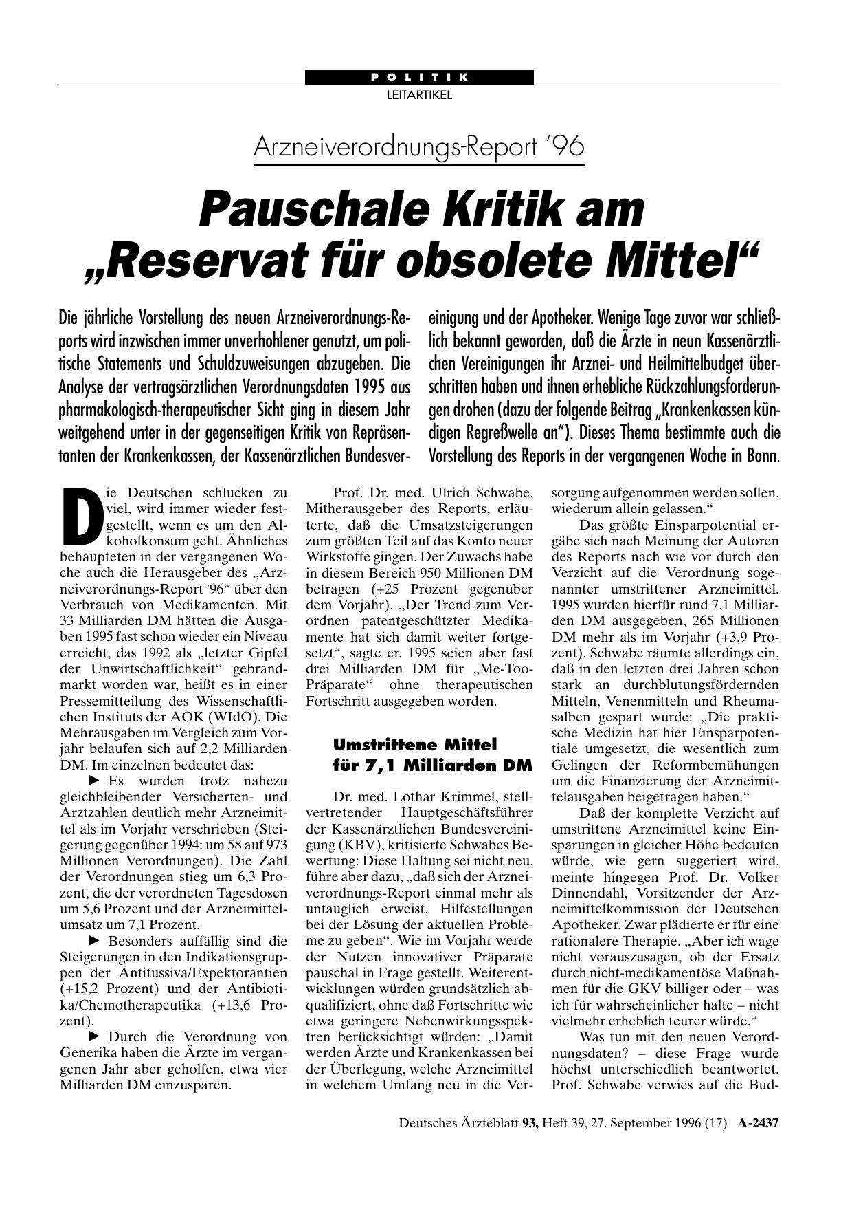Vorschauseite 1: Arzneiverordnungs-Report '96: Pauschale Kritik am „Reservat für obsolete Mittel“