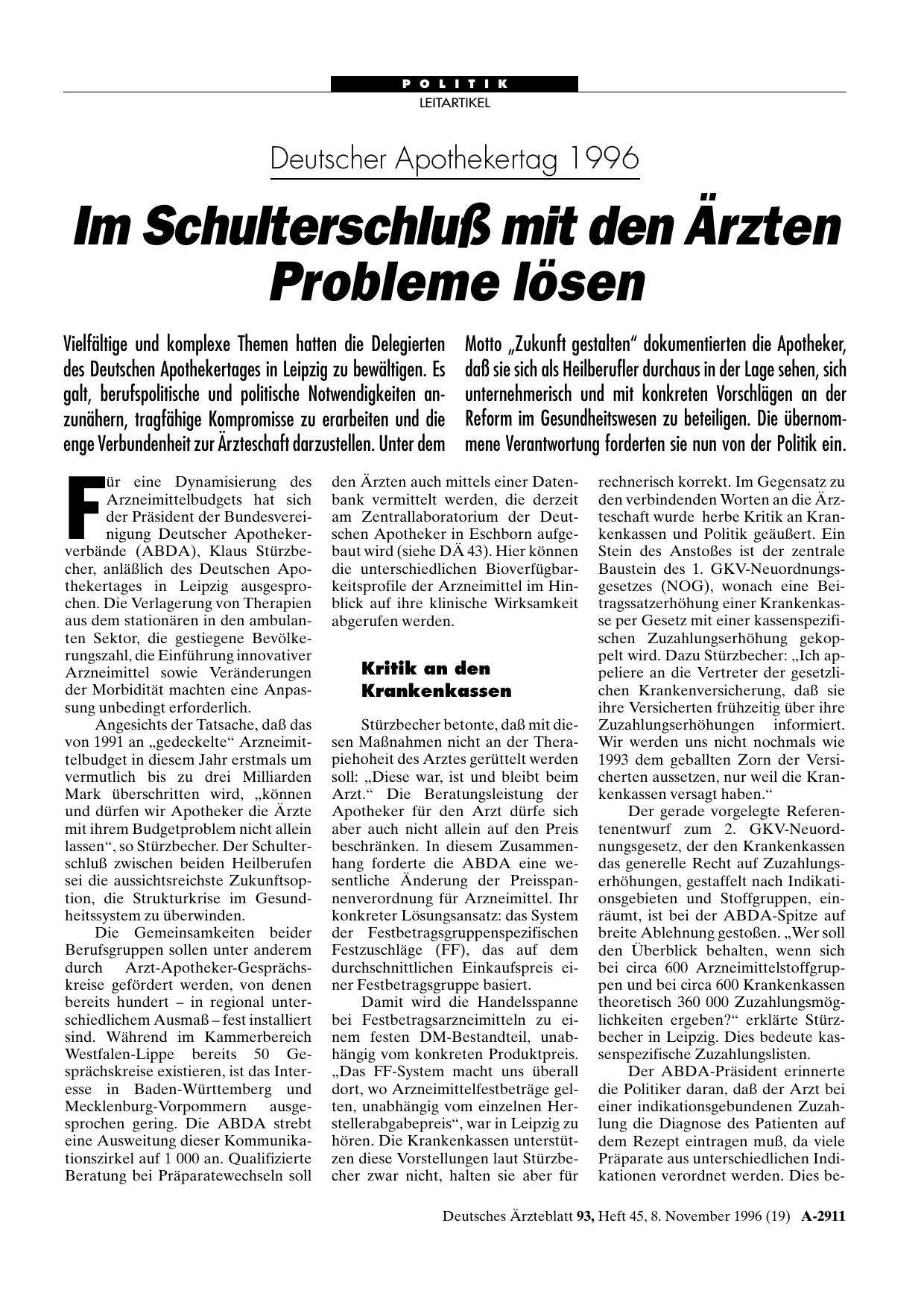 Vorschauseite 1: Deutscher Apothekertag 1996: Im Schulterschluß mit den Ärzten Probleme lösen