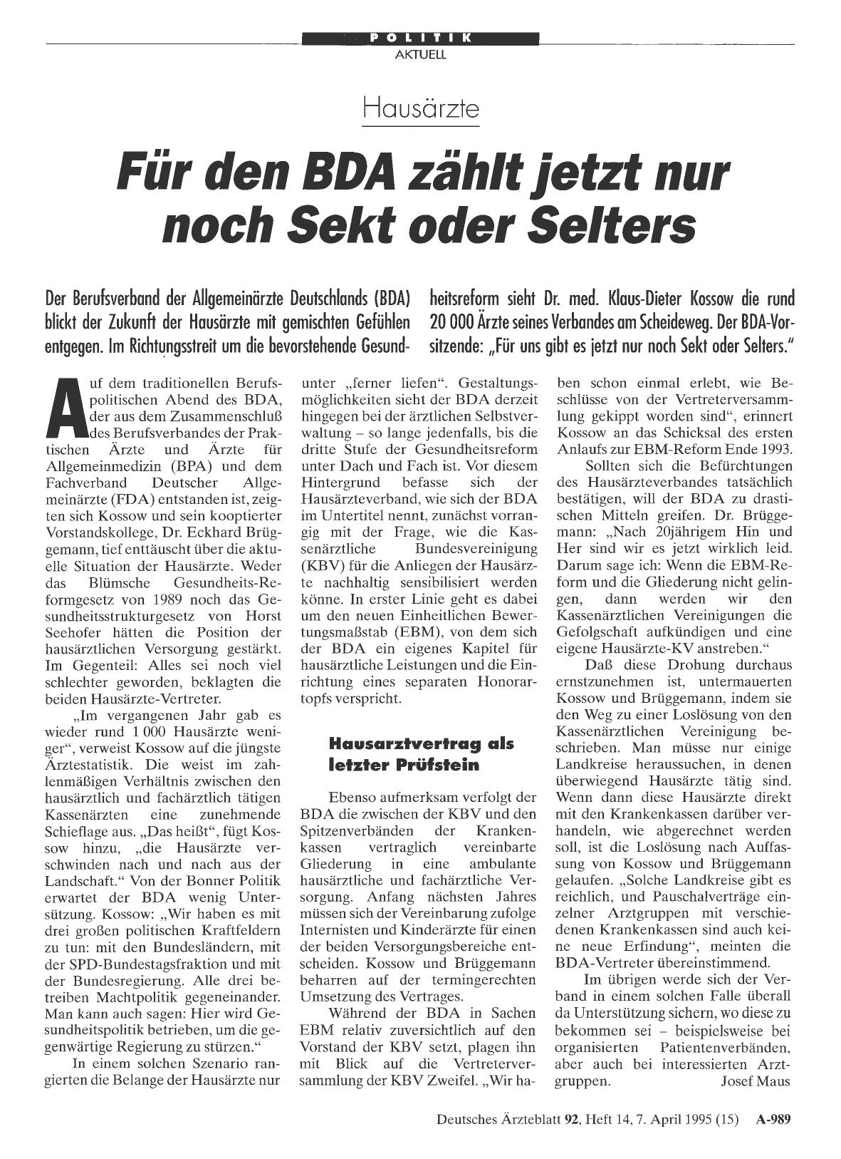 Vorschauseite 1: Hausärzte: Für den BDA zählt jetzt nur noch Sekt oder Selters