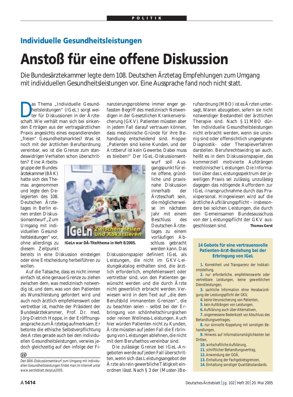 Vorschauseite 1: Individuelle Gesundheitsleistungen: Anstoß für eine offene Diskussion