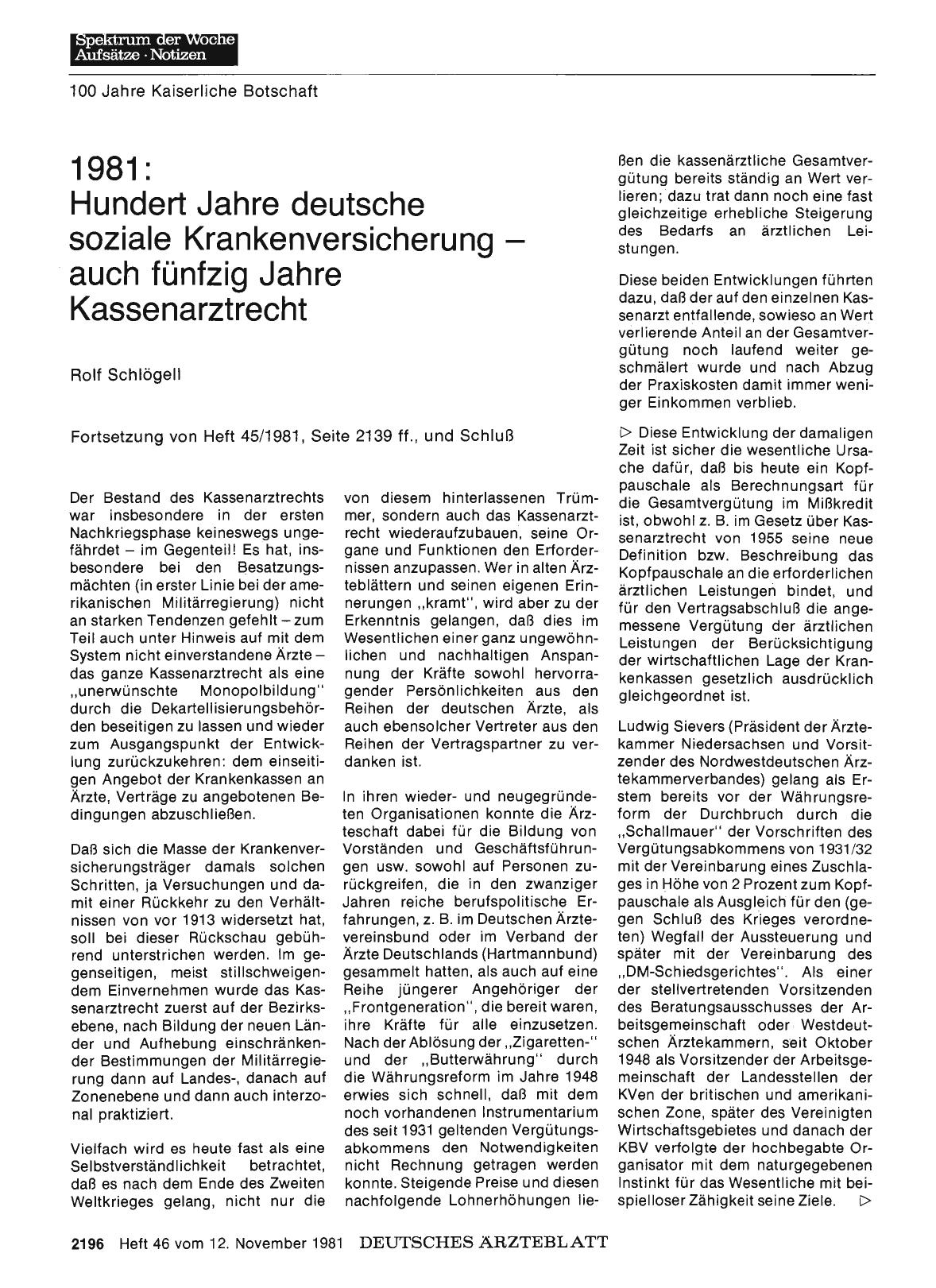 Vorschauseite 1: 1981: Hundert Jahre deutsche soziale Krankenversicherung — auch fünfzig Jahre Kassenarztrecht