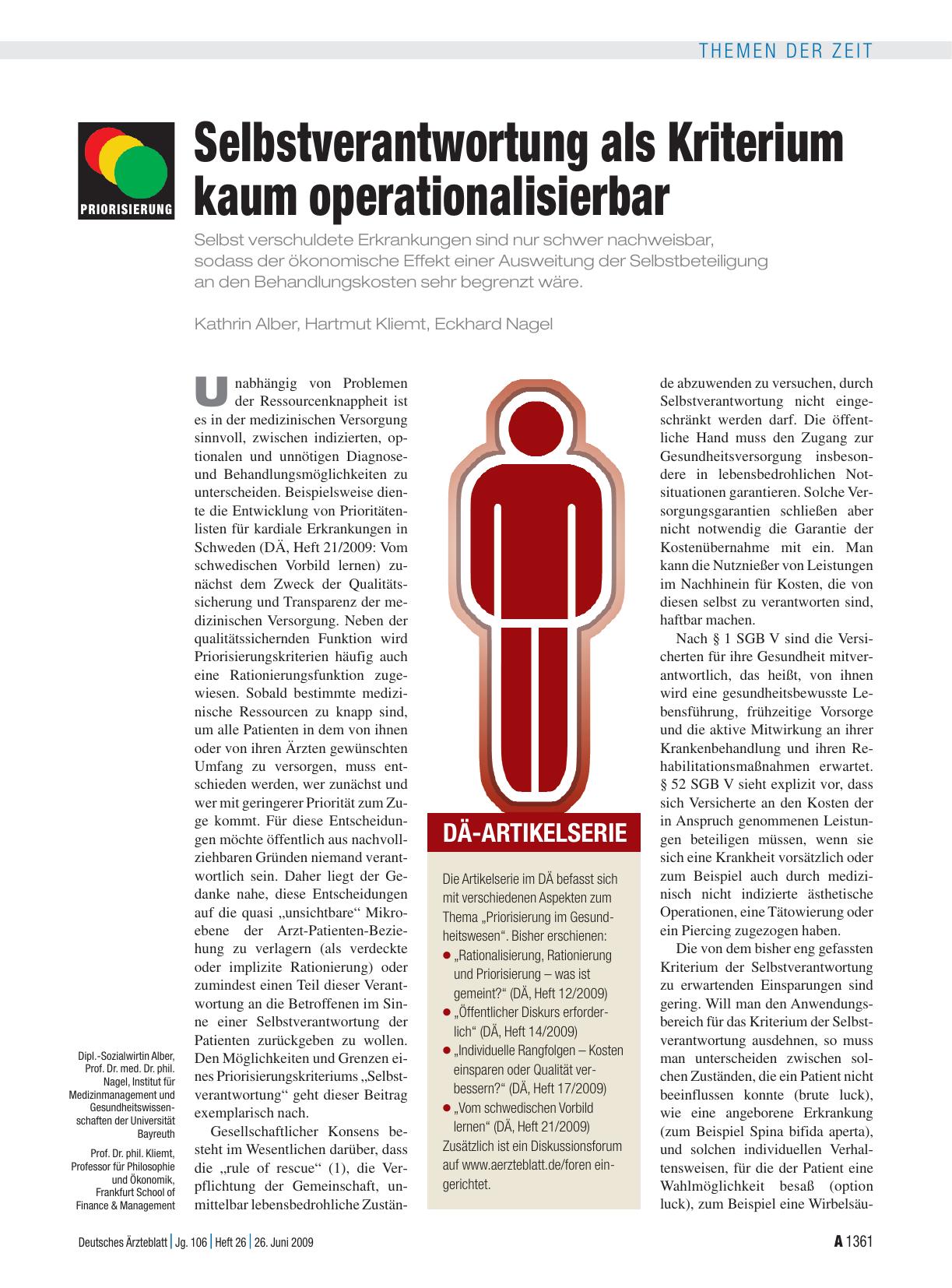 Vorschauseite 1: Selbstverantwortung als Kriterium kaum operationalisierbar
