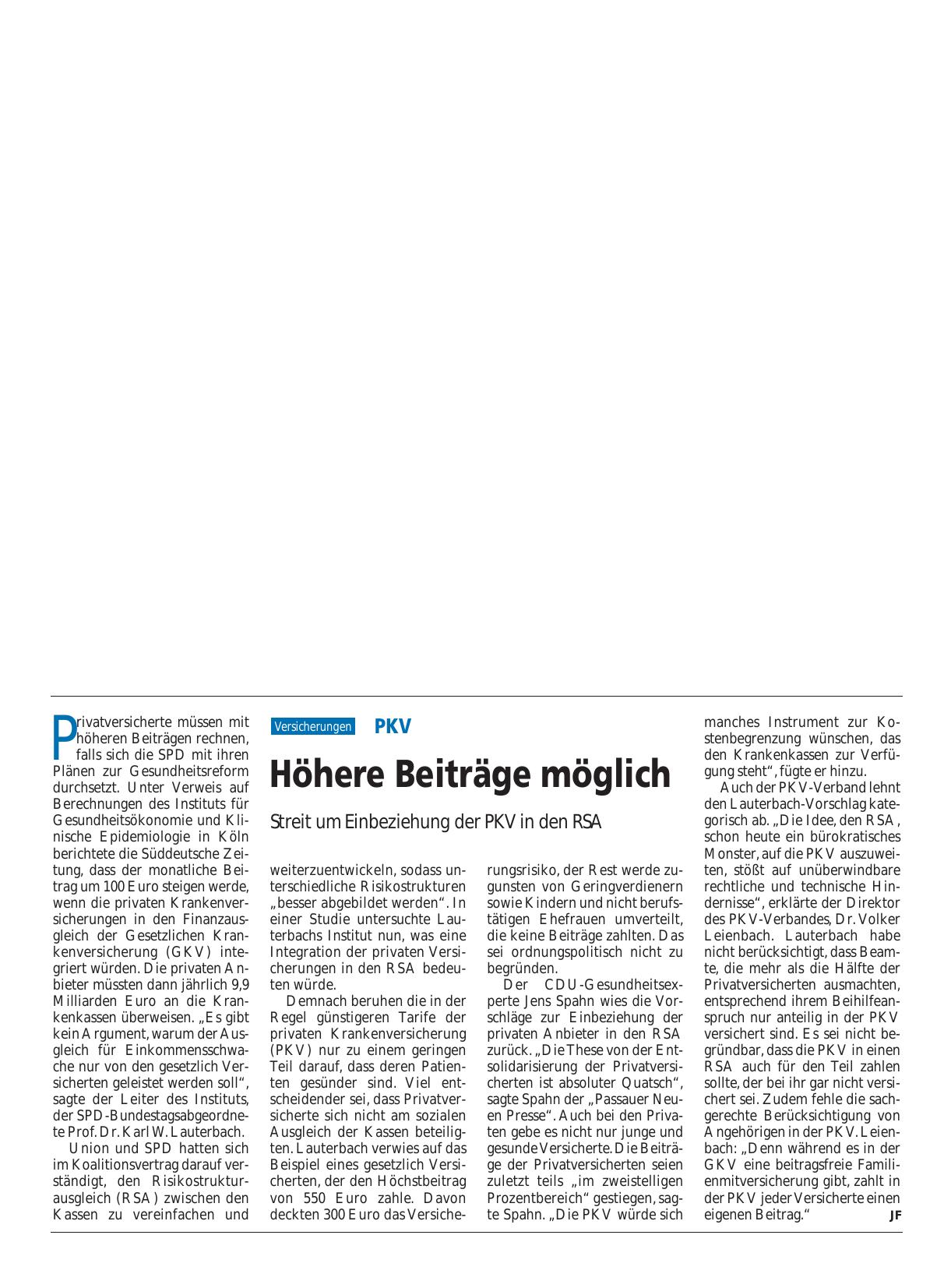 Vorschauseite 1: PKV: Höhere Beiträge möglich