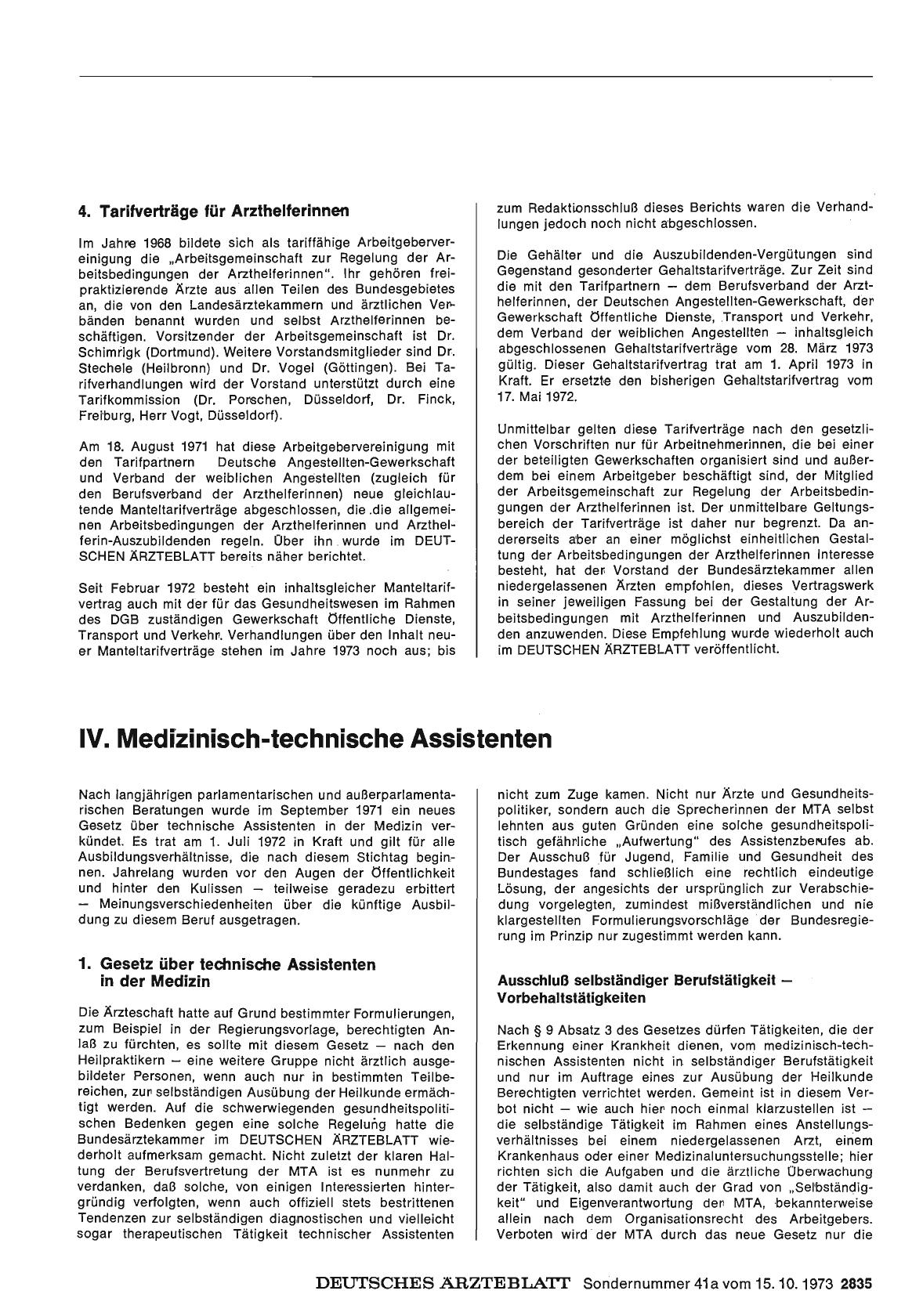 Vorschauseite 1: Bericht über das Jahr 1972/73: H. Medizinische Assistenzberufe: IV. Medizinisch-technische Assistenten