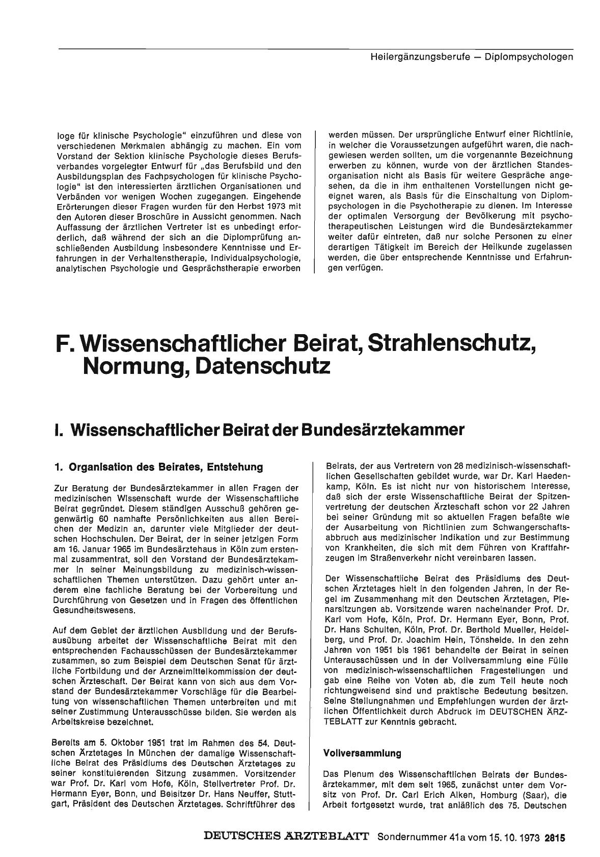Vorschauseite 1: Bericht über das Jahr 1972/73: F. Wissenschaftlicher Beirat, Strahlenschutz, Normung, Datenschutz: I. Wissenschaftlicher Beirat der Bundesärztekammer
