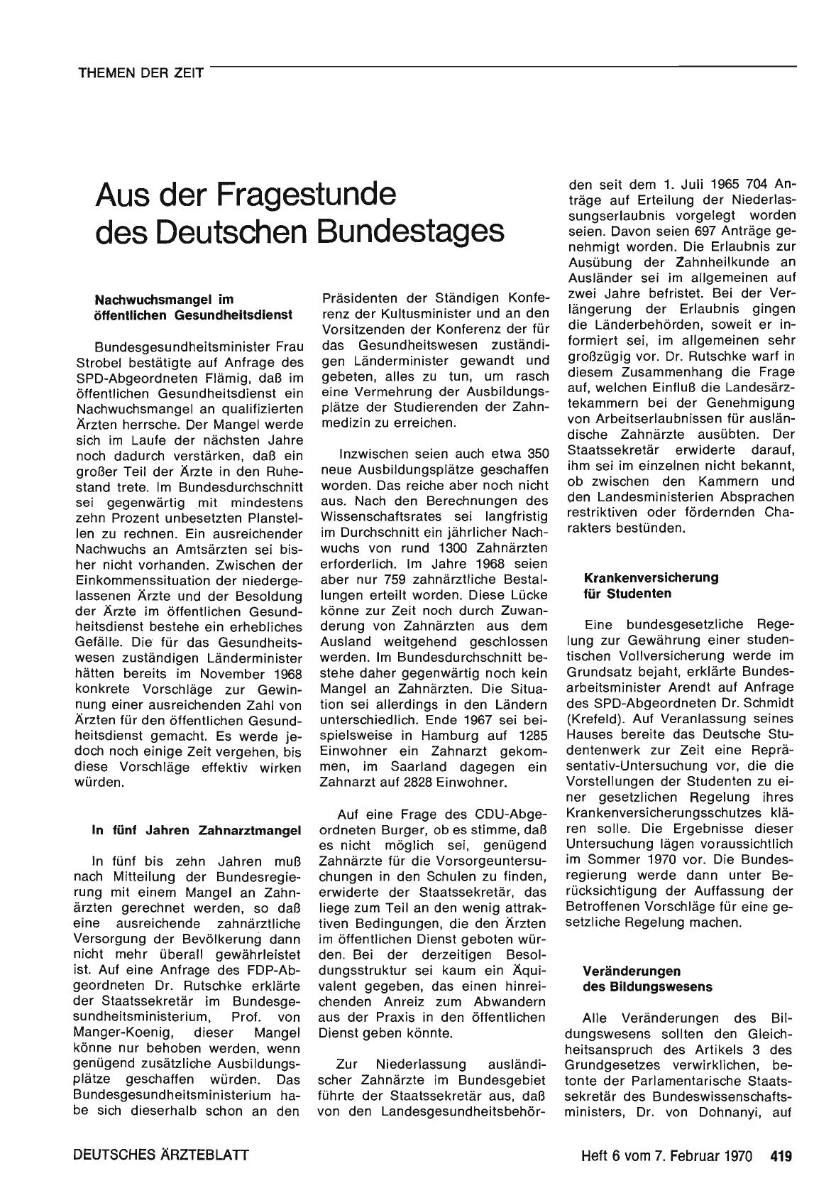 Vorschauseite 1: Aus der Fragestunde des Deutschen Bundestages