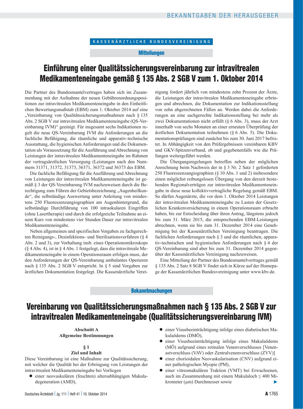 Vorschauseite 1: Einführung einer Qualitätssicherungsvereinbarung zur intravitrealen Medikamenteneingabe gemäß § 135 Abs. 2 SGB V zum 1. Oktober 2014