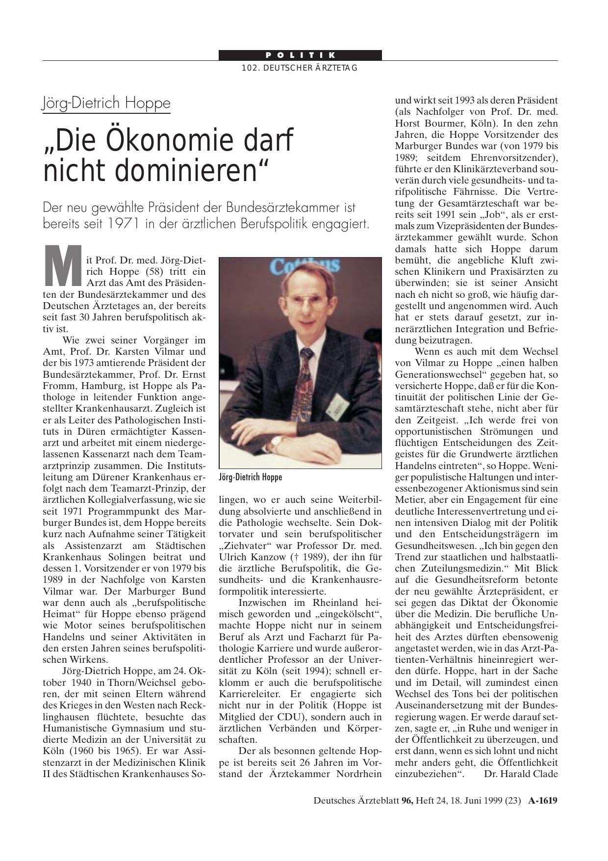 Vorschauseite 1: Jörg-Dietrich Hoppe: „Die Ökonomie darf nicht dominieren“
