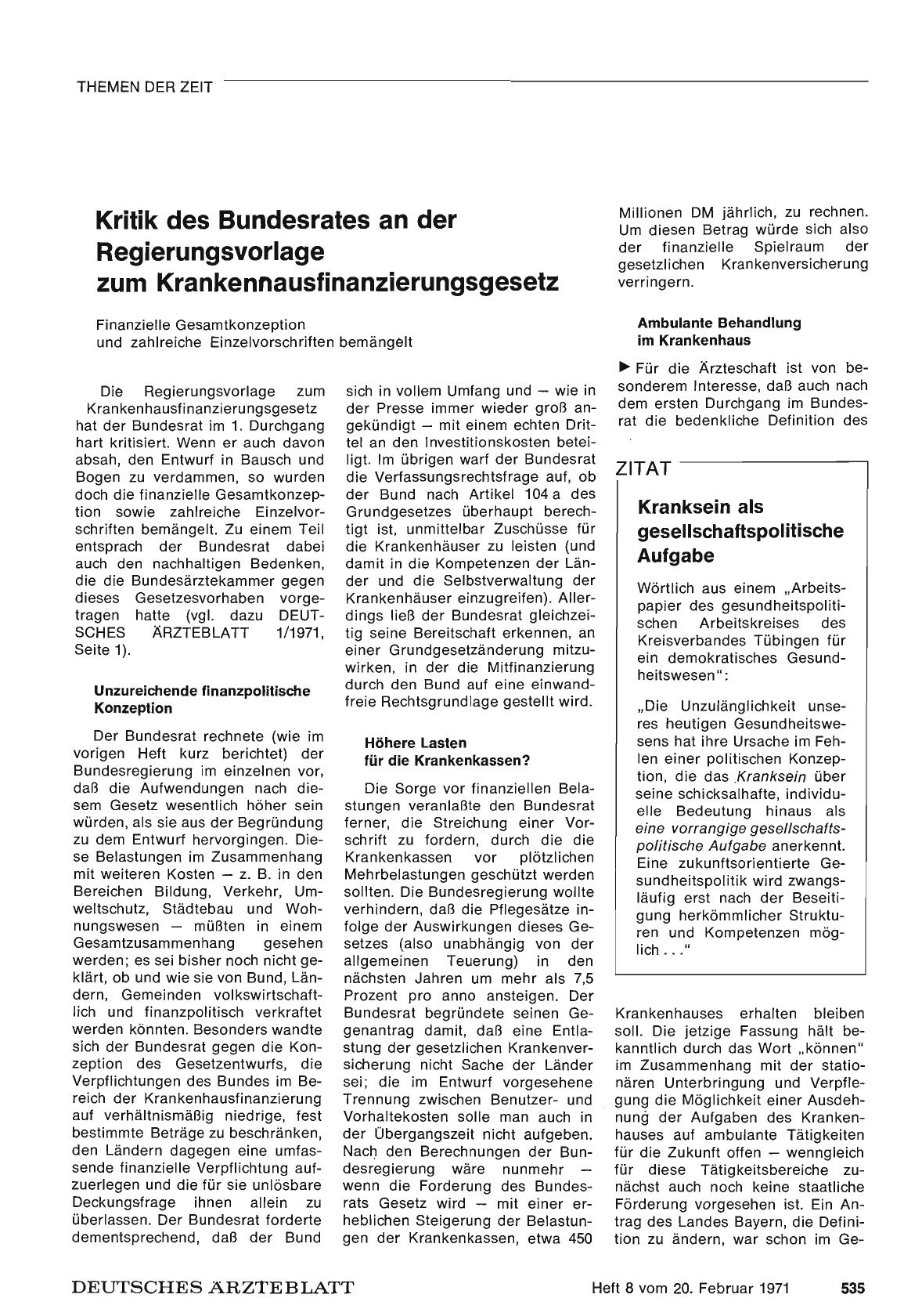 Vorschauseite 1: Kritik des Bundesrates an der Regierungsvorlage zum Krankennausfinanzierungsgesetz
