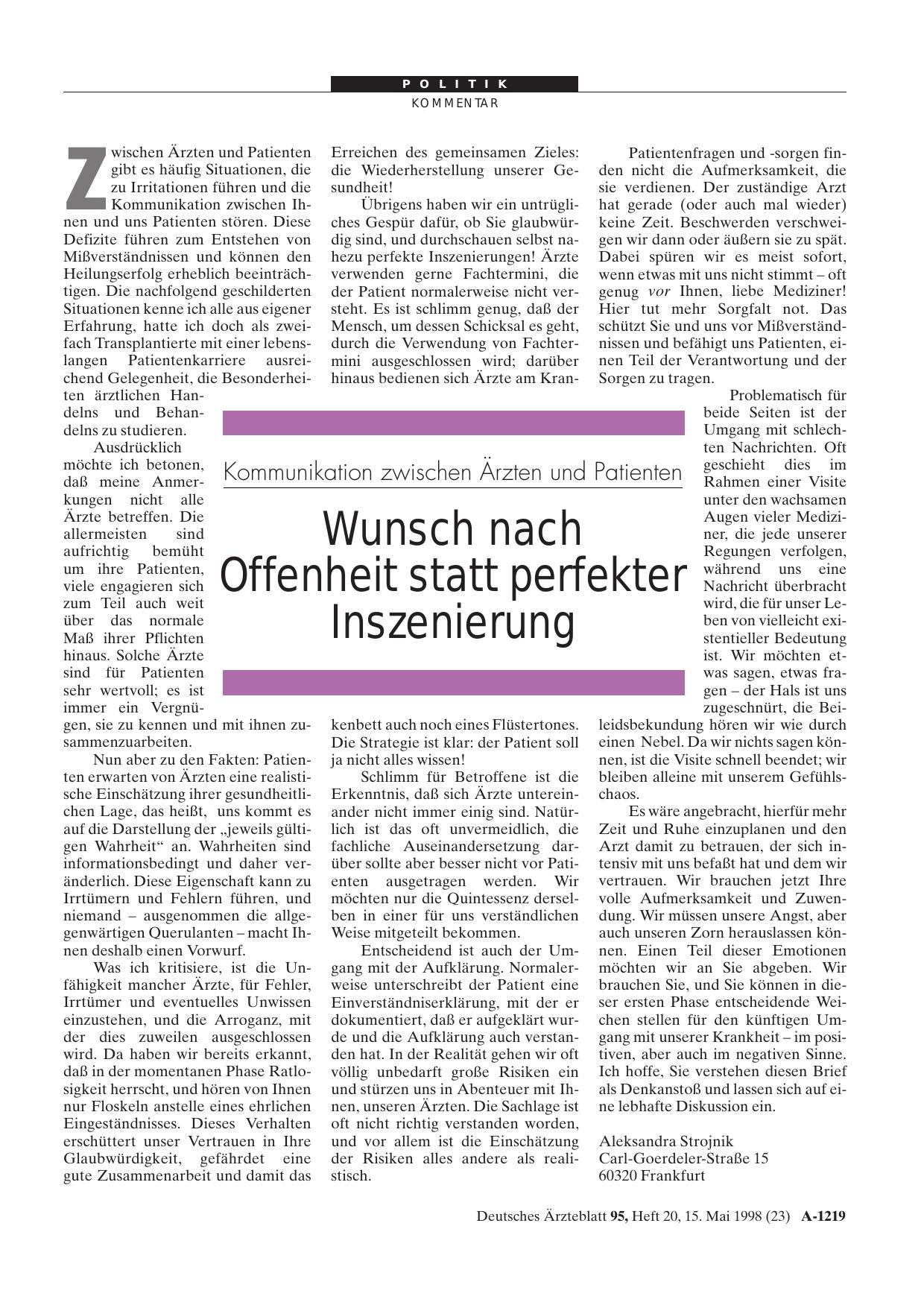 Vorschauseite 1: Kommunikation zwischen Ärzten und Patienten: Wunsch nach Offenheit statt perfekter Inszenierung