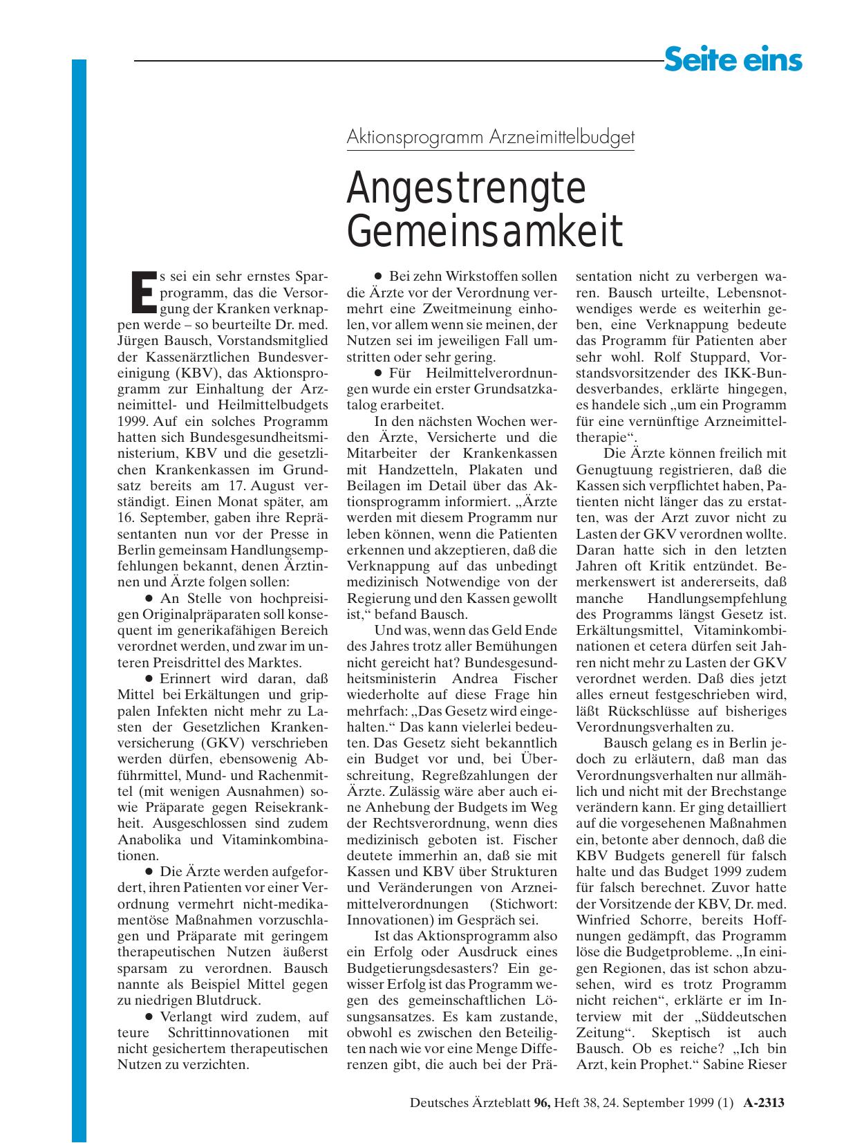 Vorschauseite 1: Aktionsprogramm Arzneimittelbudget: Angestrengte Gemeinsamkeit