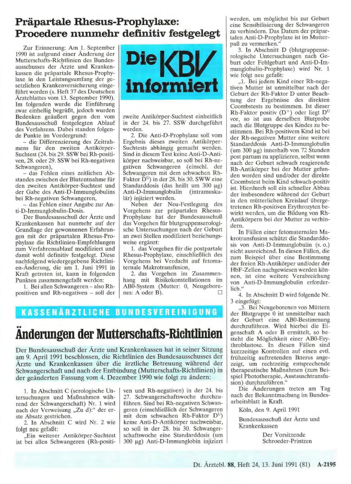 Vorschauseite 1: Präpartale Rhesus-Prophylaxe: Procedere nunmehr definitiv festgelegt