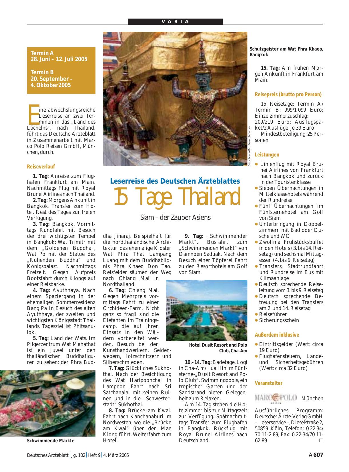 Vorschauseite 1: Leserreise des Deutschen Ärzteblattes: 15 Tage Thailand