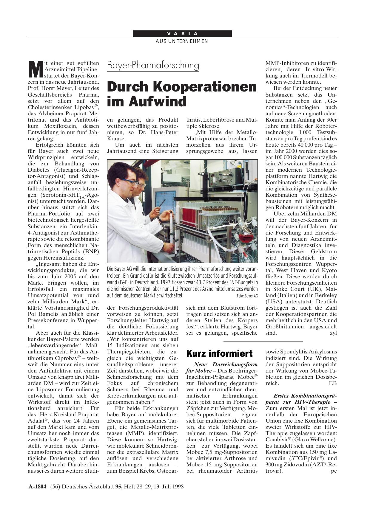 Vorschauseite 1: Bayer-Pharmaforschung: Durch Kooperationen im Aufwind