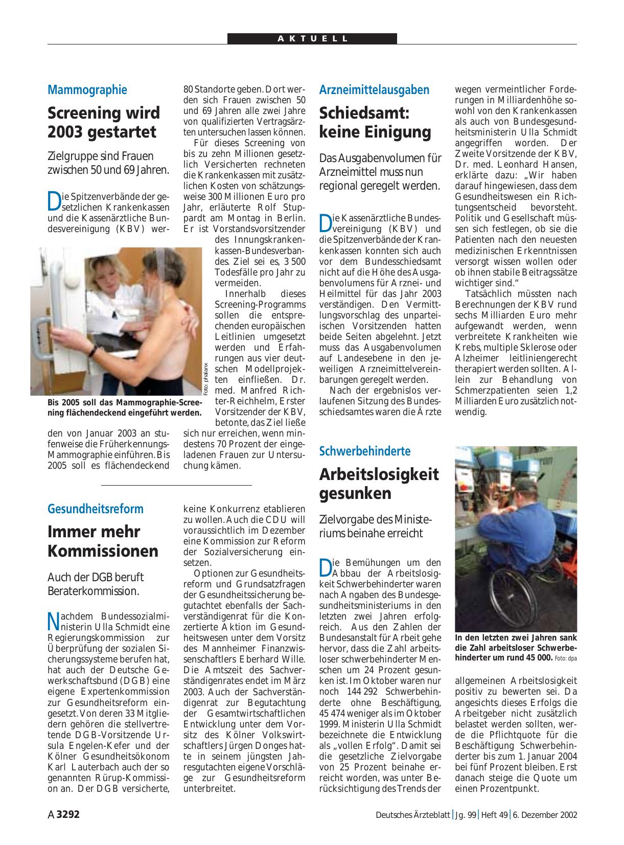 Vorschauseite 1: Mammographie: Screening wird 2003 gestartet