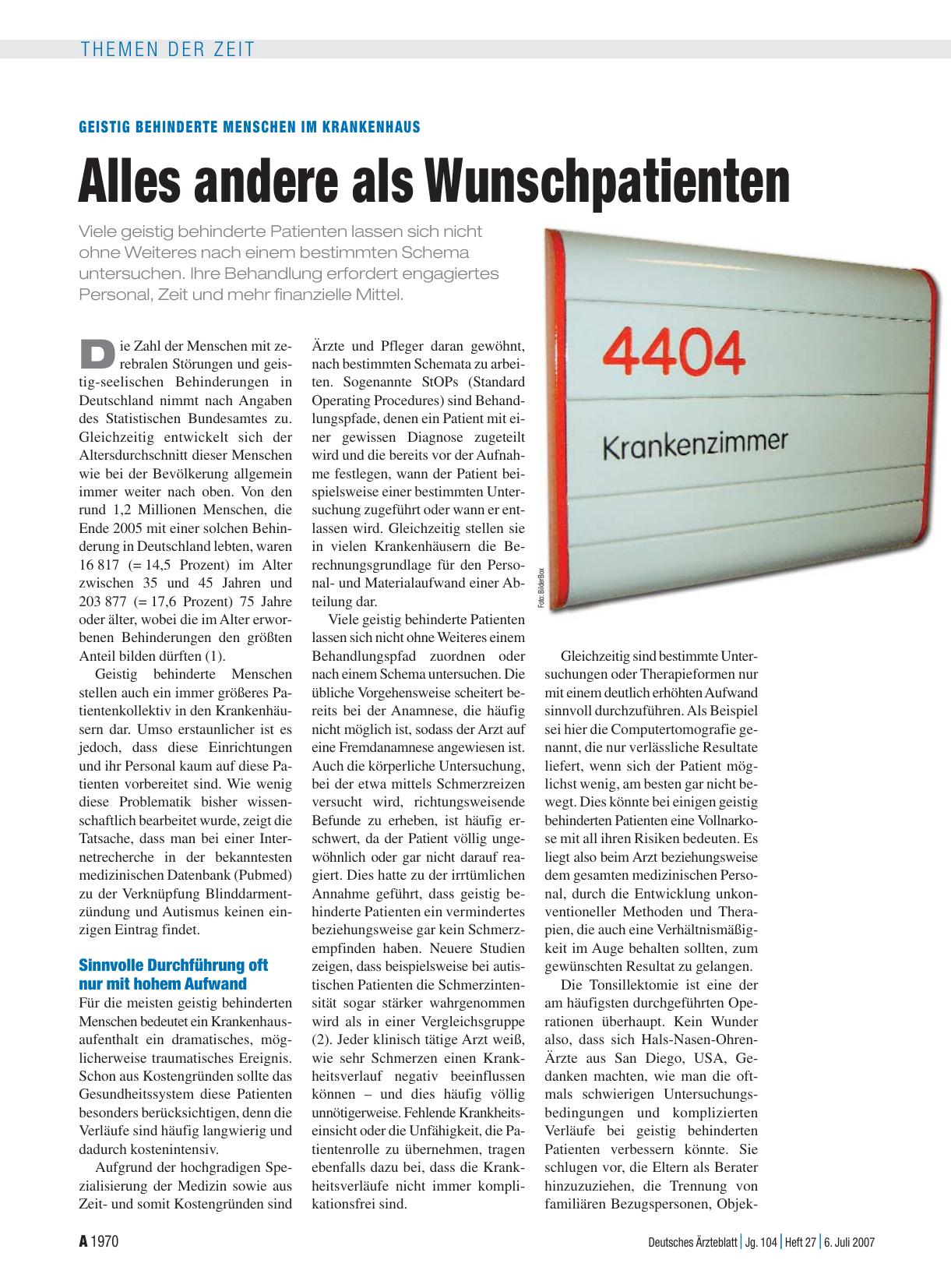 Vorschauseite 1: Geistig behinderte Menschen im Krankenhaus: Alles andere als Wunschpatienten
