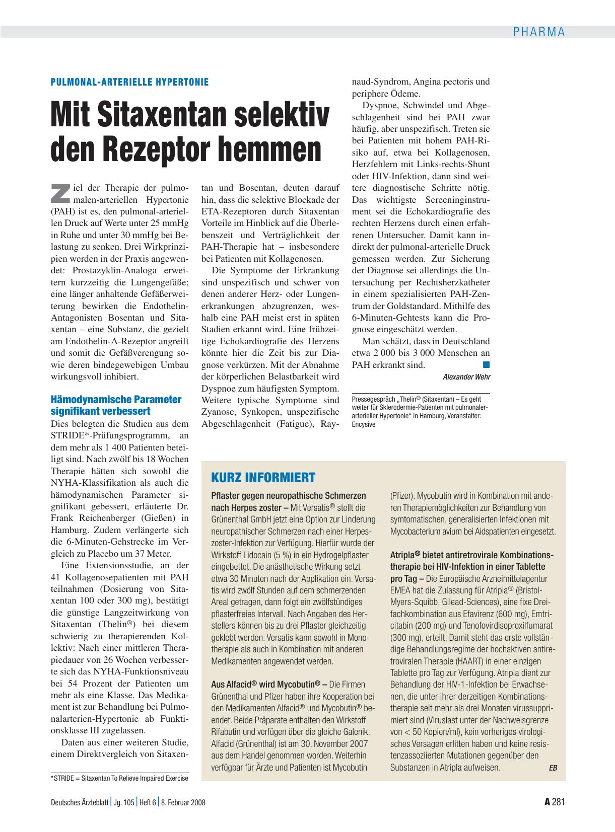 Vorschauseite 1: Pulmonal-arterielle Hypertonie: Mit Sitaxentan selektiv den Rezeptor hemmen