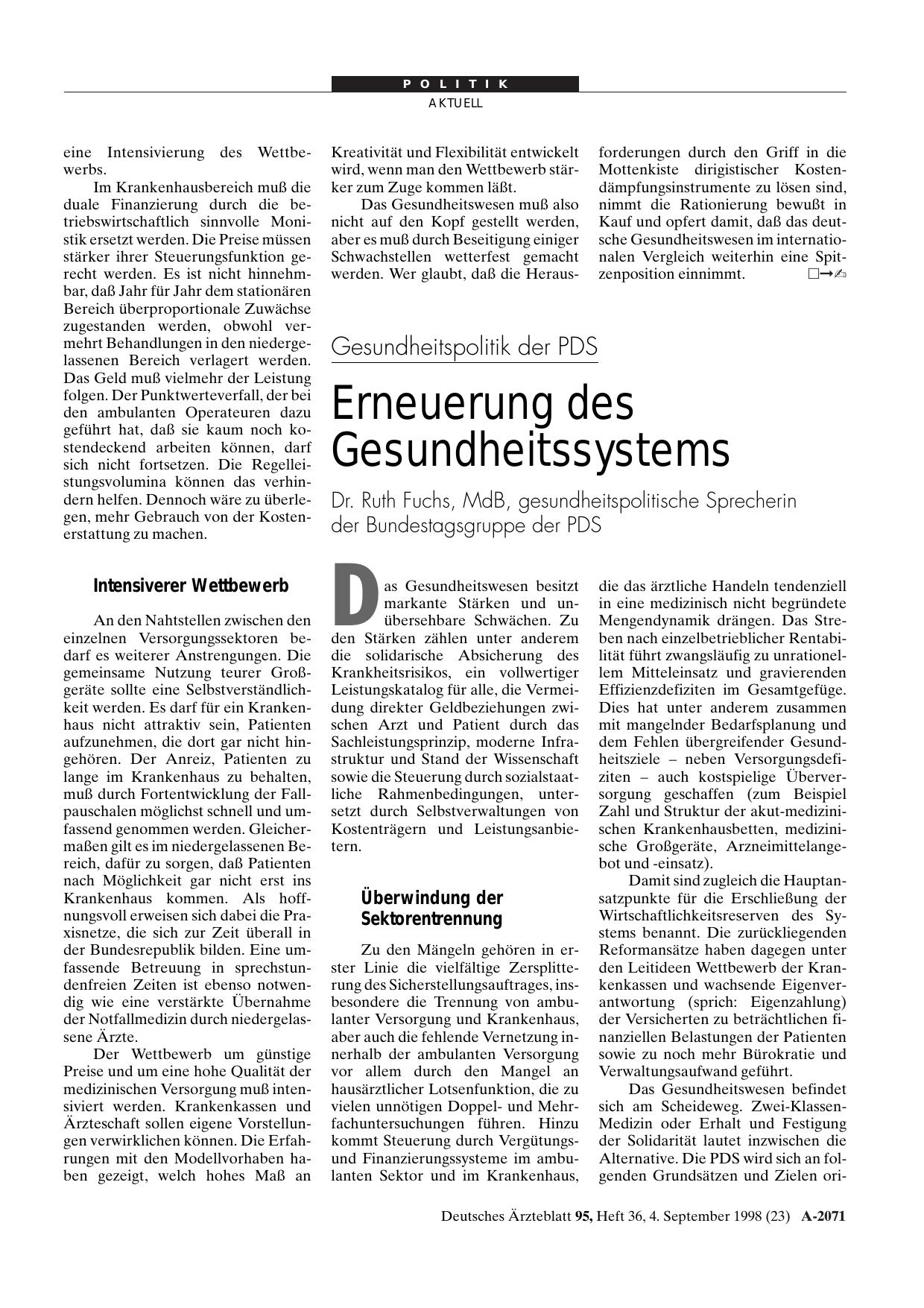 Vorschauseite 1: Gesundheitspolitik der PDS: Erneuerung des Gesundheitssystems