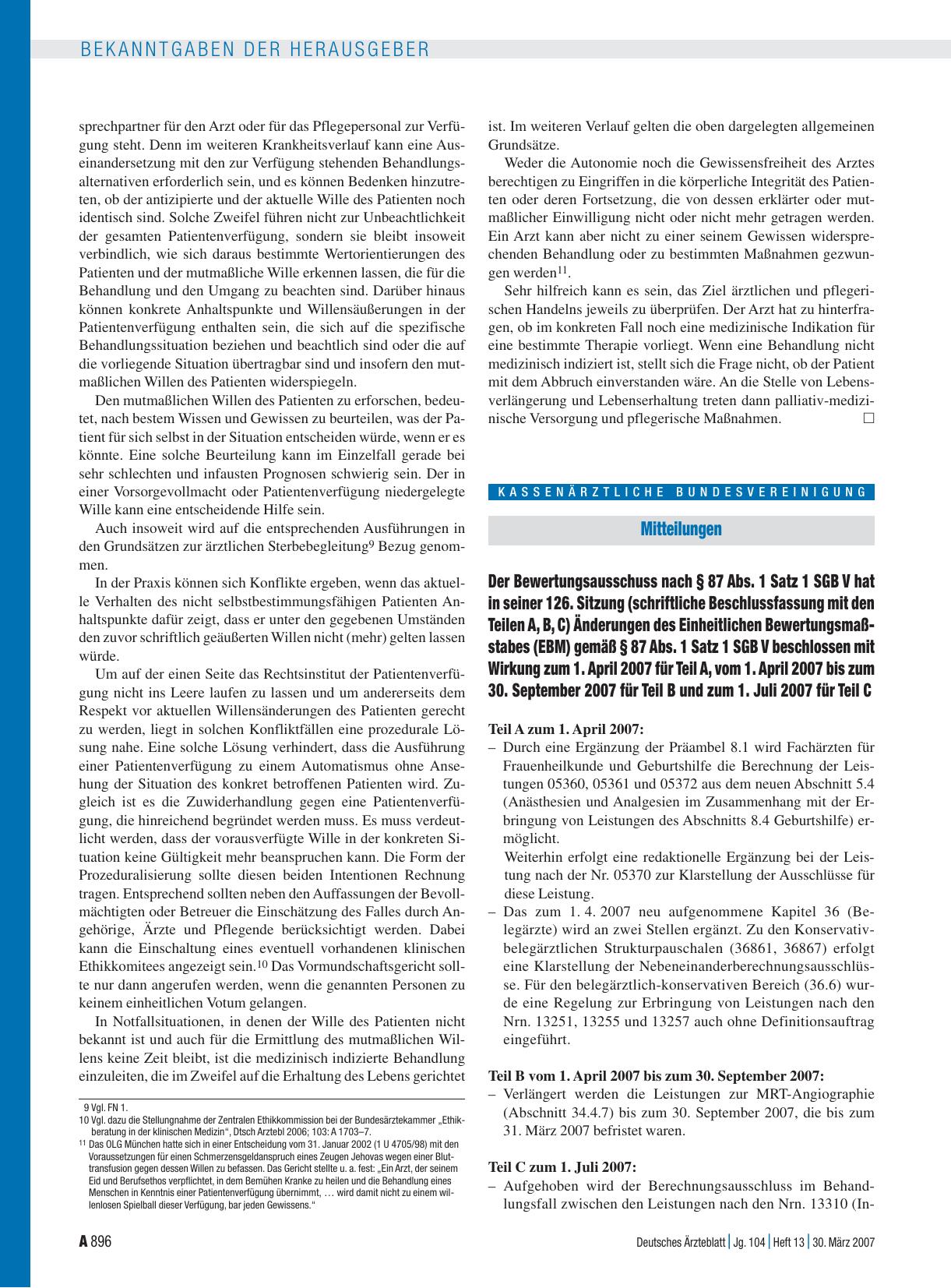 Vorschauseite 1: Mitteilungen: Der Bewertungsausschuss nach § 87 Abs. 1 Satz 1 SGB V hat in seiner 126. Sitzung (schriftliche Beschlussfassung mit den Teilen A, B, C) Änderungen des Einheitlichen…