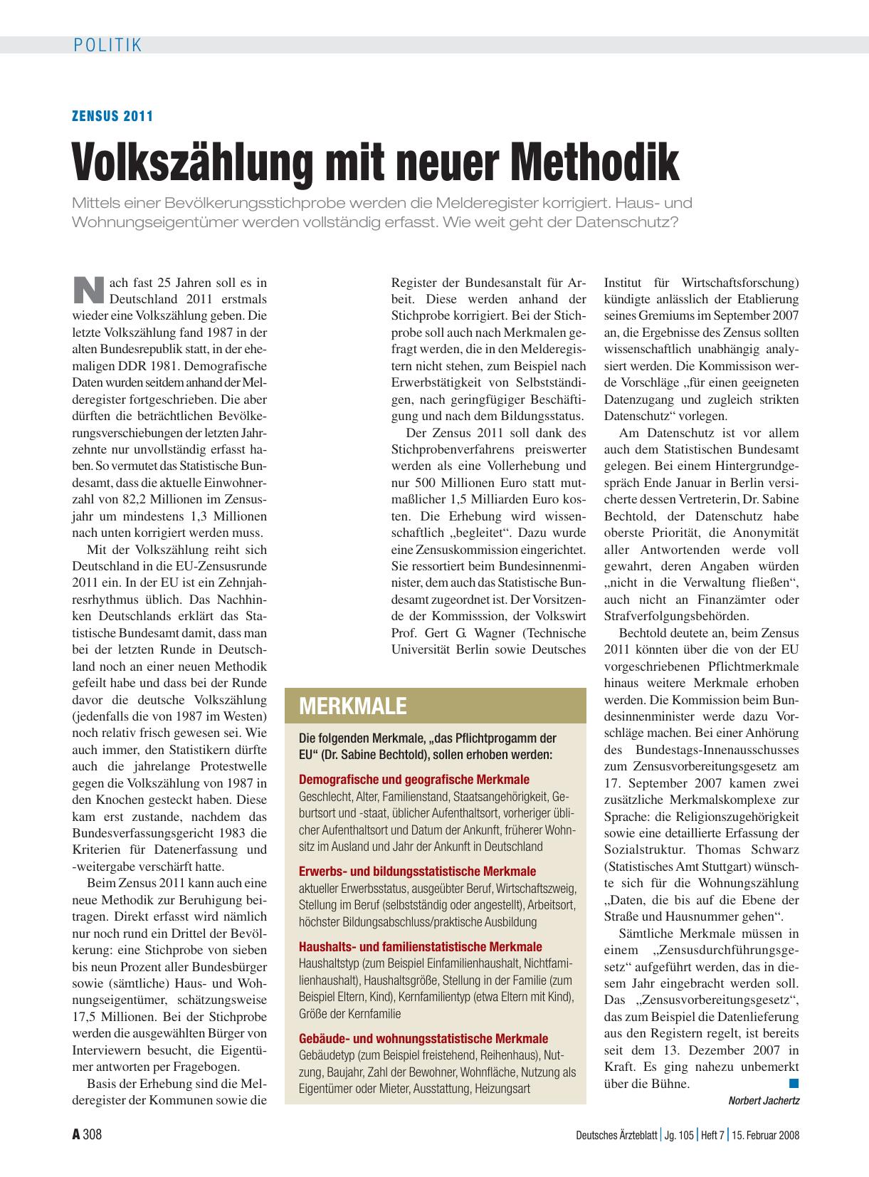 Vorschauseite 1: Zensus 2011: Volkszählung mit neuer Methodik