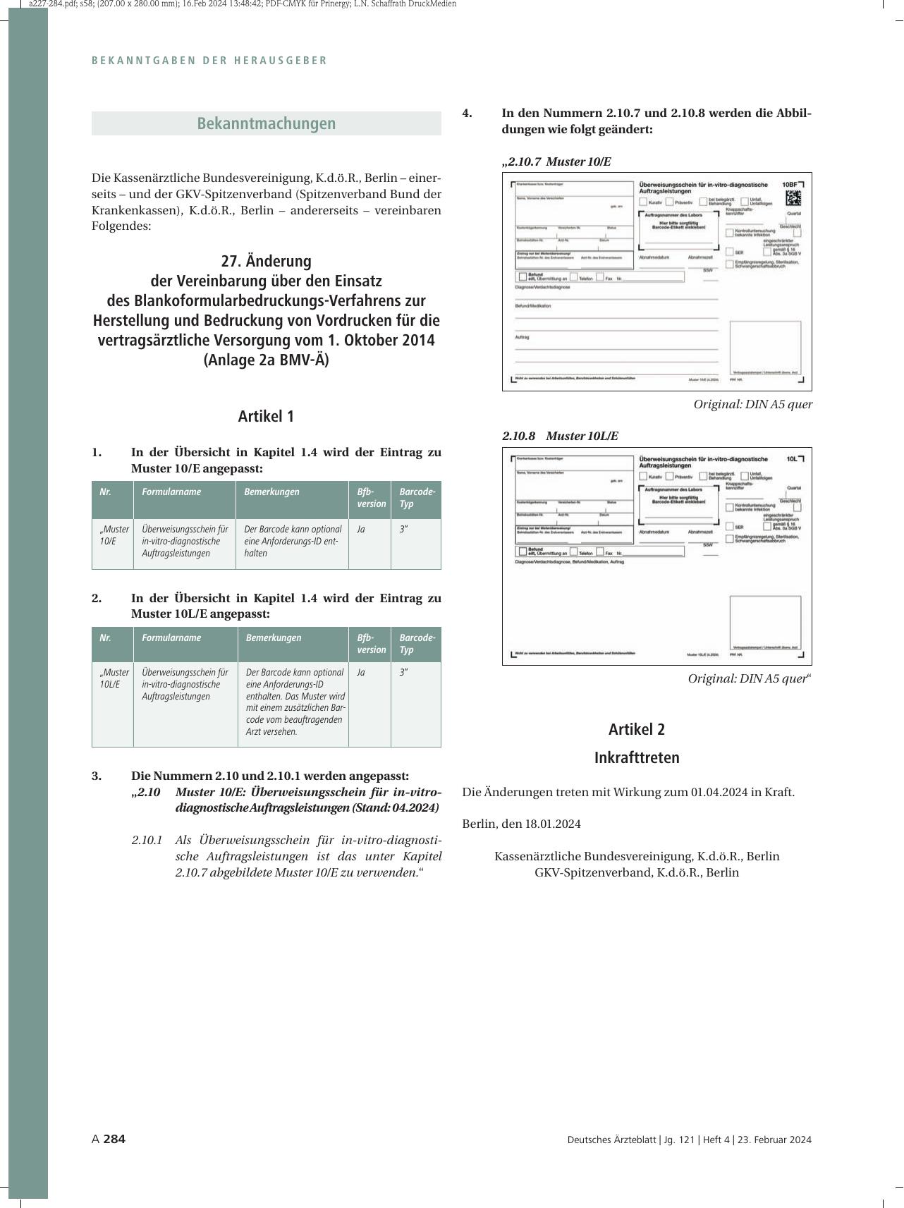 Vorschauseite 1: 27. Änderung der Vereinbarung über den Einsatz des Blankoformularbedruckungs-Verfahrens zur Herstellung und Bedruckung von Vordrucken für die vertragsärztliche Versorgung vom 1. O…