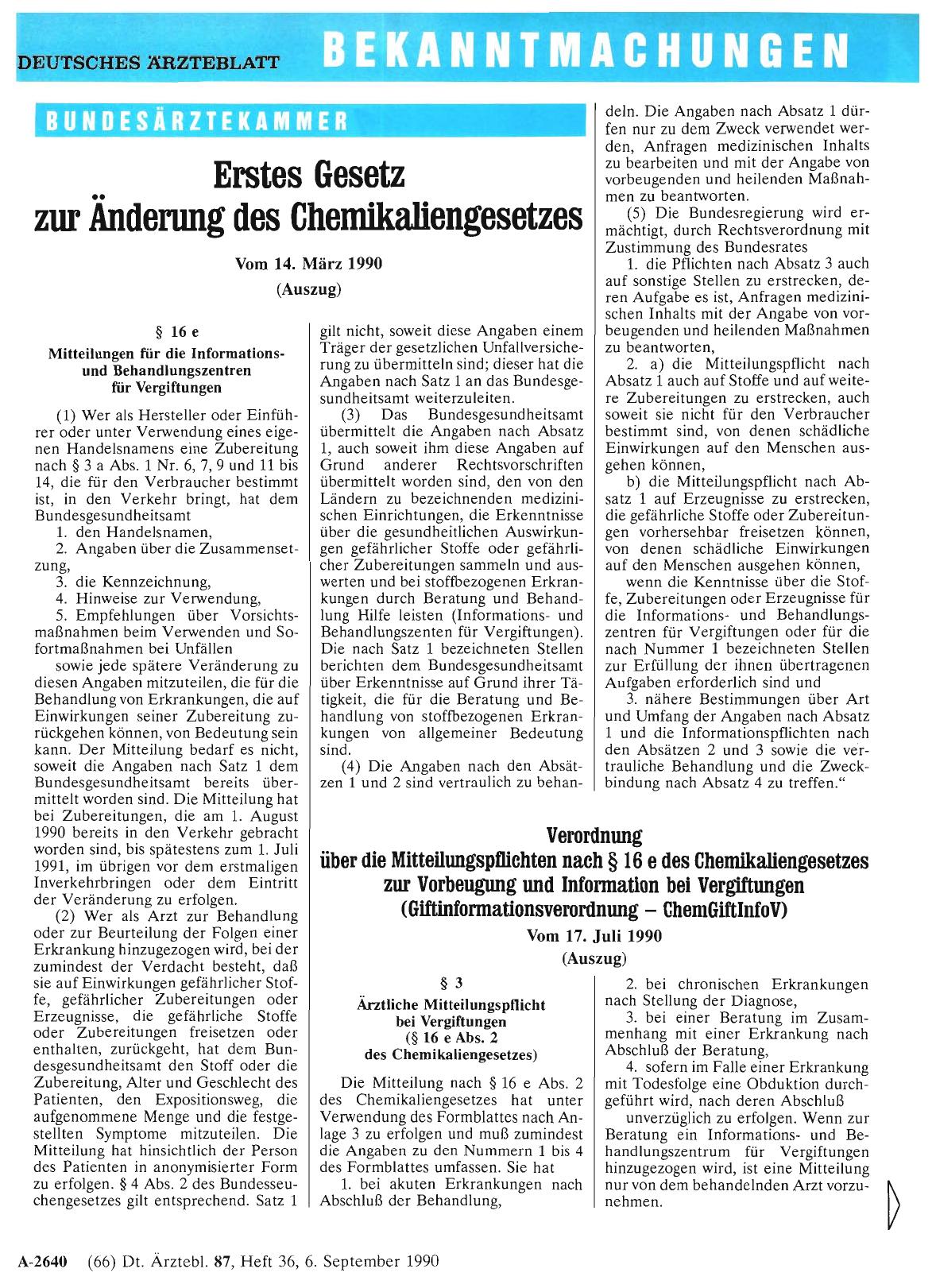 Vorschauseite 1: Erstes Gesetz zur Änderung des Chemikaliengesetzes