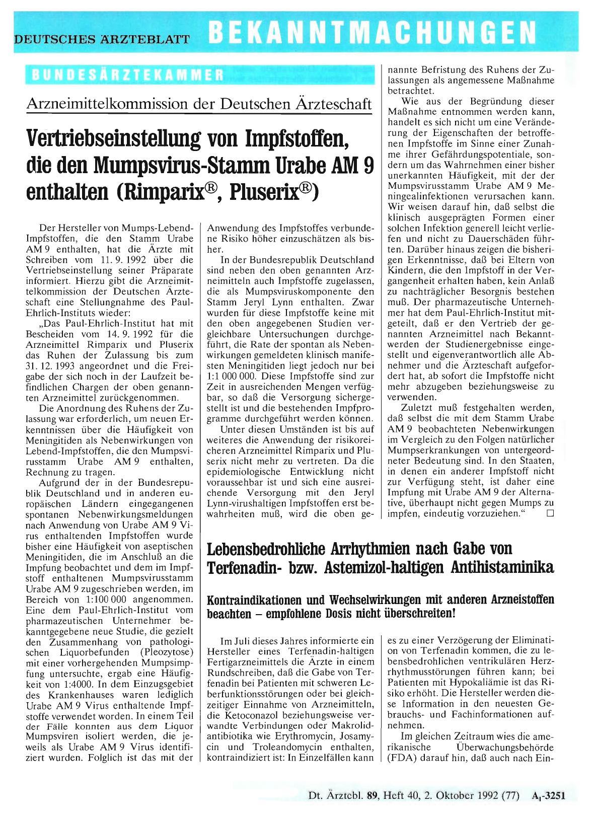 Vorschauseite 1: Lebensbedrohliche Arrhythmien nach Gabe von Terfenadinbzw. Astemizol-haltigen Antihistaminika