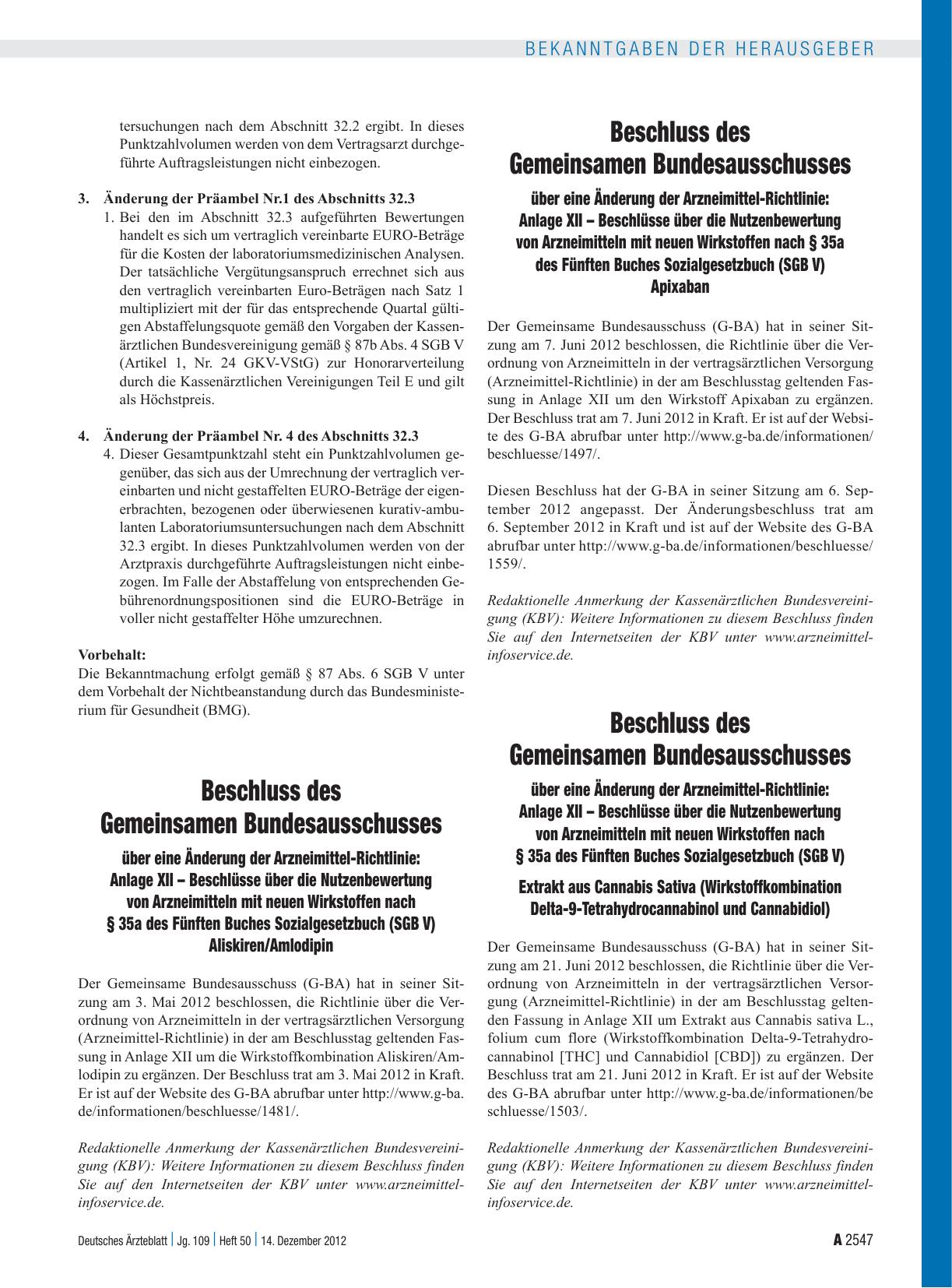 Vorschauseite 1: Beschluss des Gemeinsamen Bundesausschusses über eine Änderung der Arzneimittel-Richtlinie: Anlage XII – Beschlüsse über die Nutzenbewertung von Arzneimitteln mit neuen Wirkstoffe…