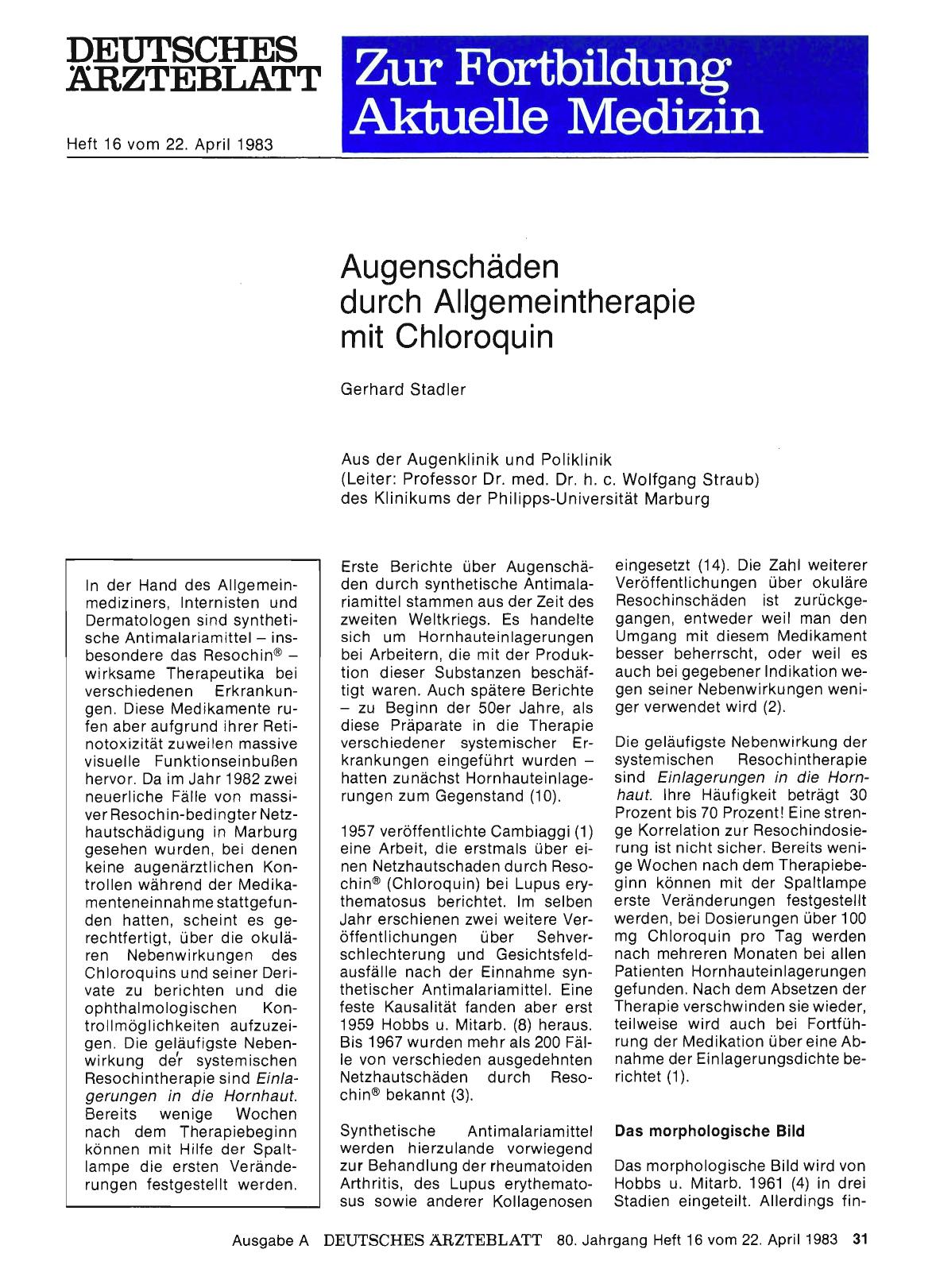 Vorschauseite 1: Augenschäden durch Allgemeintherapie mit Chloroquin