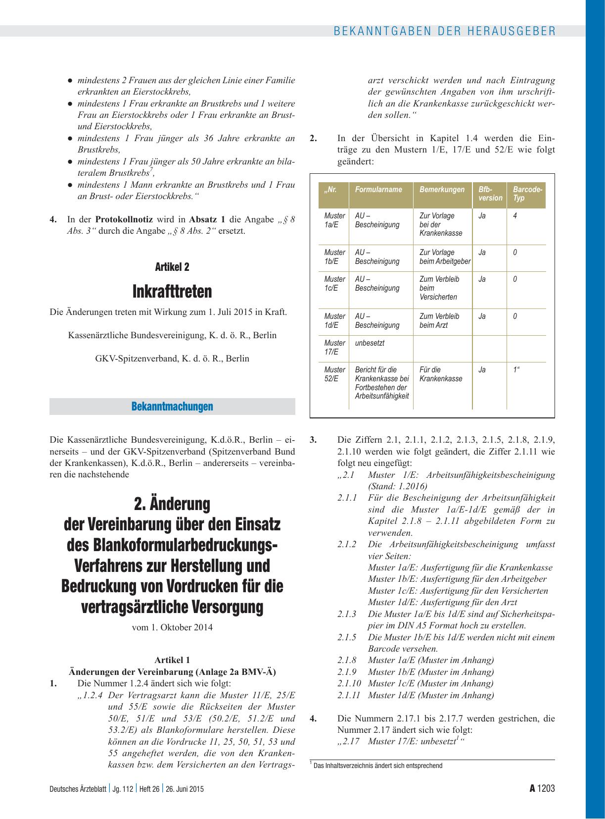 Vorschauseite 1: 2. Änderung der Vereinbarung über den Einsatz des Blankoformularbedruckungs-Verfahrens zur Herstellung und Bedruckung von Vordrucken für die vertragsärztliche Versorgung