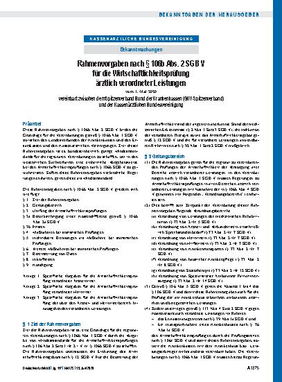 Vorschauseite 1: Rahmenvorgaben nach § 106b Abs. 2 SGB V für die Wirtschaftlichkeitsprüfung ärztlich verordneter Leistungen vereinbart zwischen dem Spitzenverband Bund der Krankenkassen (GKV-Spitz…