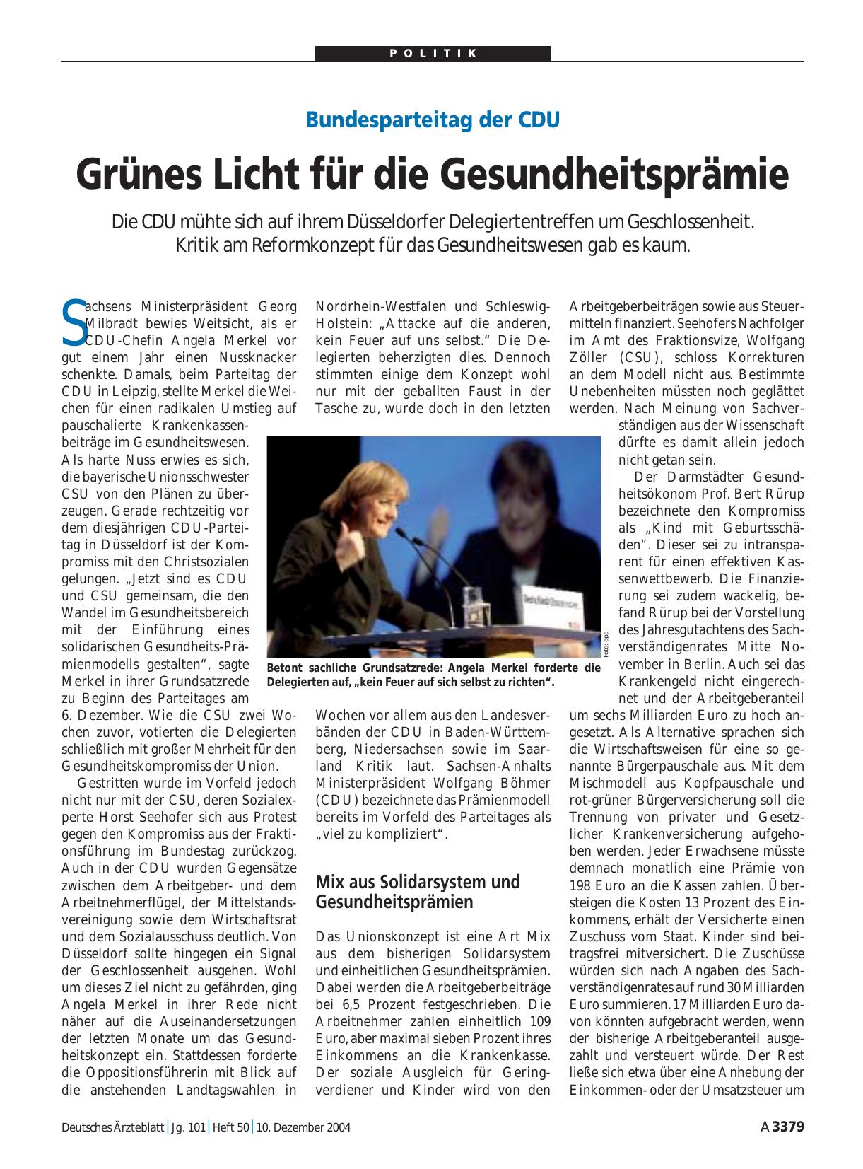 Vorschauseite 1: Bundesparteitag der CDU: Grünes Licht für die Gesundheitsprämie