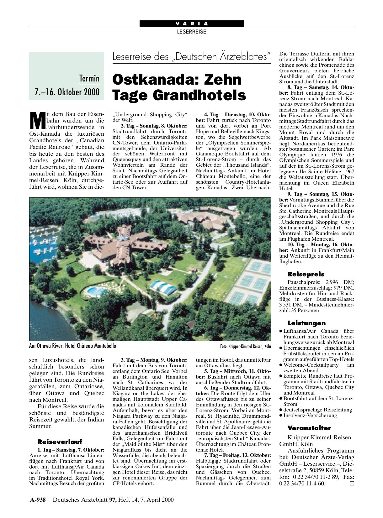 Vorschauseite 1: Leserreise des „Deutschen Ärzteblattes“: Ostkanada – Zehn Tage Grandhotels